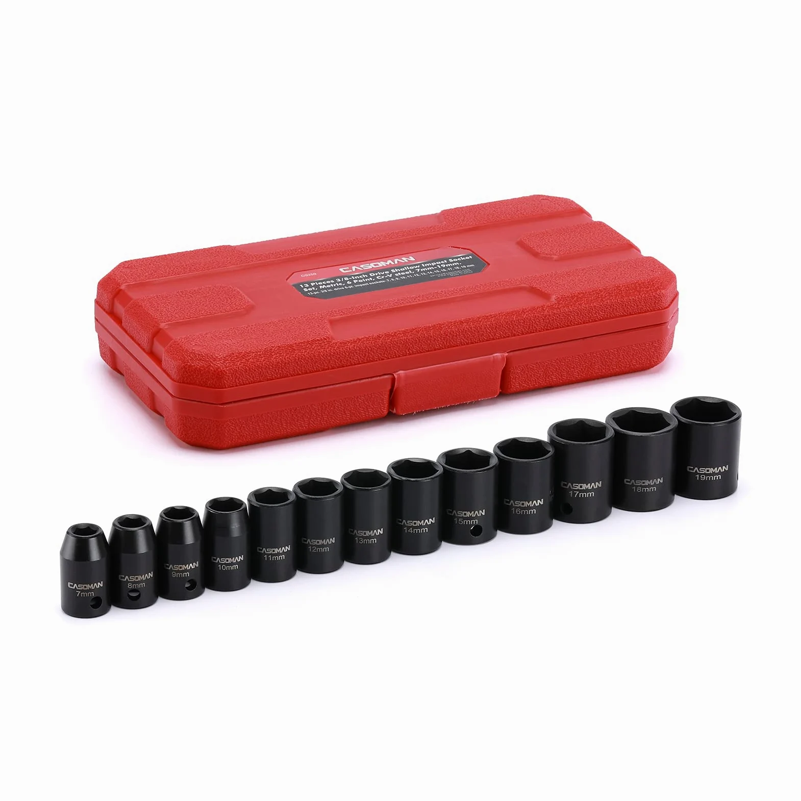 CASOMAN 13-częściowy zestaw nasadek udarowych 3/8", 6-punktowe, metryczne, płytkie, CR-V, 7 mm do 19 mm, wytrzymała walizka do przechowywania z rozdmuchem