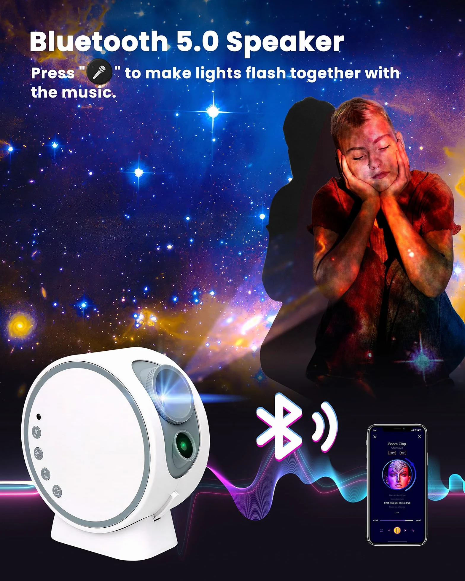 MERTTURM Planetarium Projector, Galaxy Star Projector do Sypialnia, Wymiana HD 8 Dysków Filmowych i Regulowany długość ostrości, Lampka Sufitowa z Głośnikiem Bluetooth i białych szumów
