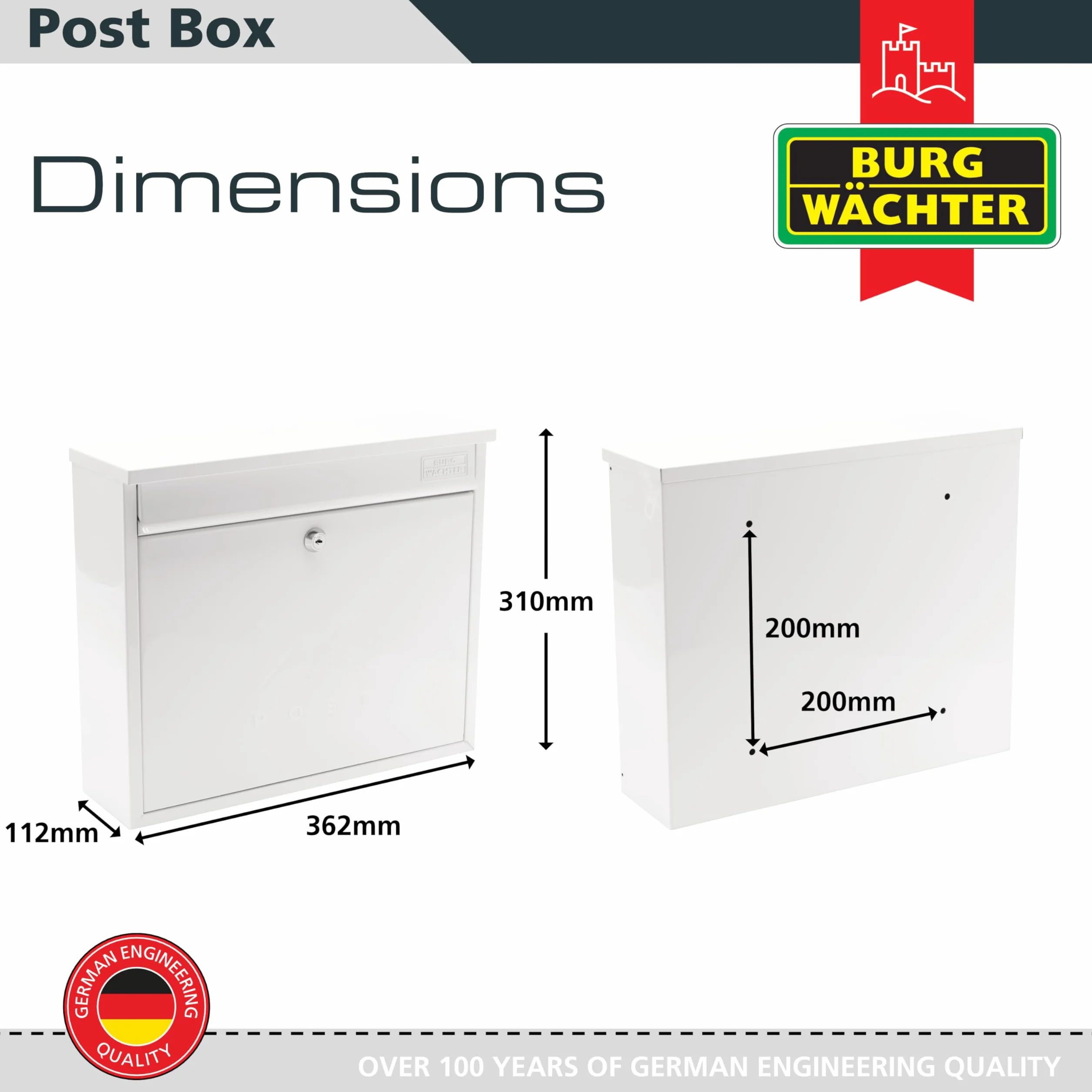 Burg-Wachter MB02 biała elegancka naścienna ocynkowana stal, zamykana, odporna na warunki atmosferyczne skrzynka pocztowa - 36 x 31 x 10 cm