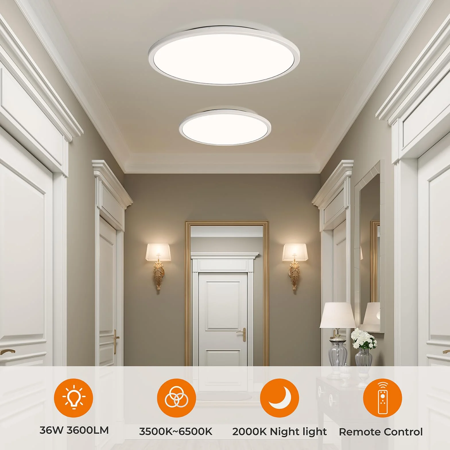 Matane Lampa sufitowa LED ściemnialna 36W, sufitowa z pilotem z funkcją timera, lampka nocna 2000K, ciepła, 3000K-6500K do sypialni, pokoju dziecięcego, salonu, korytarza, kuchni, okrągła, biała, 39CM