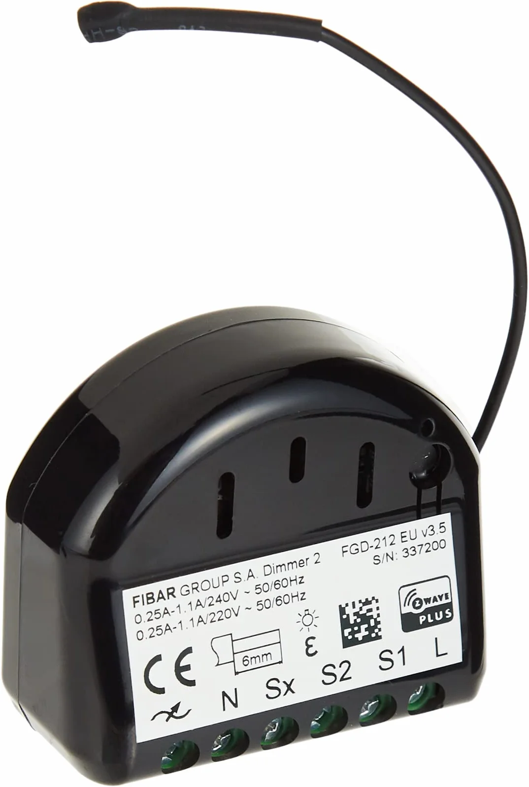FIBARO Dimmer 2 Z-Wave Plus Universal Dimming Module for Lighting, 250 W, 3.6 V, Black