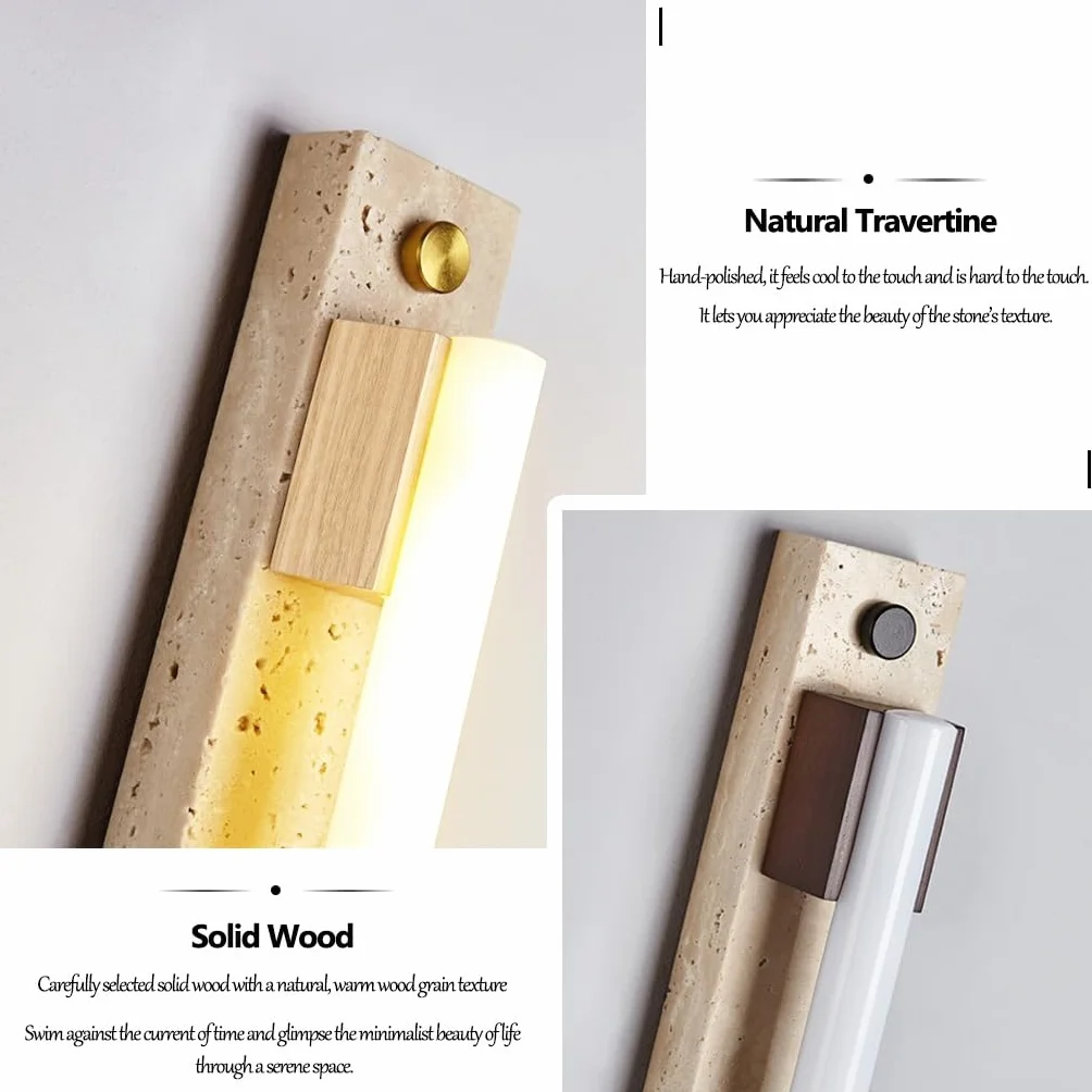 YUPIN Wabi Sabi Minimalistyczna Lampa Ścienna Z Trawertynu Długa LED Lampa Ścienna Z Naturalnego Kamienia Z Drewnianą Nowoczesna Liniowa Kinkiet W Skandynawskim Do Salonu Korytarza Sypialni(B,100cm)