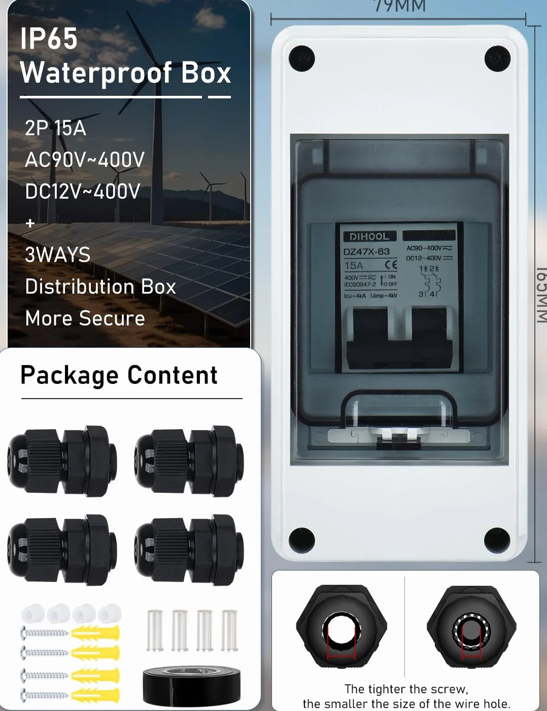 Automatyczny bezpiecznik PV, wyłącznik PV, wyłącznik prądu stałego IP65, wyłącznik automatyczny, instalacja solarna, 500 V, 10-63 A, 2-pilotowa ochrona obwodu DC (15 A)