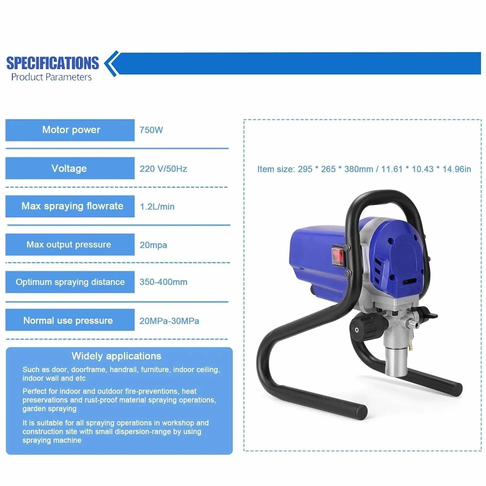 Wysokociśnieniowy bezpowietrzny rozpylacz elektryczny 750 W z wężem 10 m, 6000 PSI, manometr, 1,2 l/min (biały) (drewno)