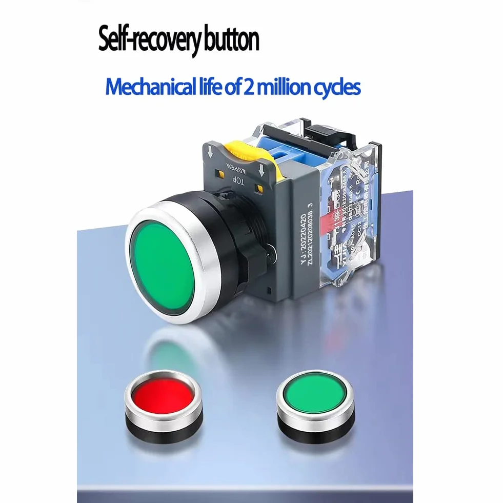 Chwilowy przełącznik przyciskowy czerwony, zielony, żółty, 22 mm, 10 A, 660 V, 4 zaciski, IP54, funkcja Start Stop