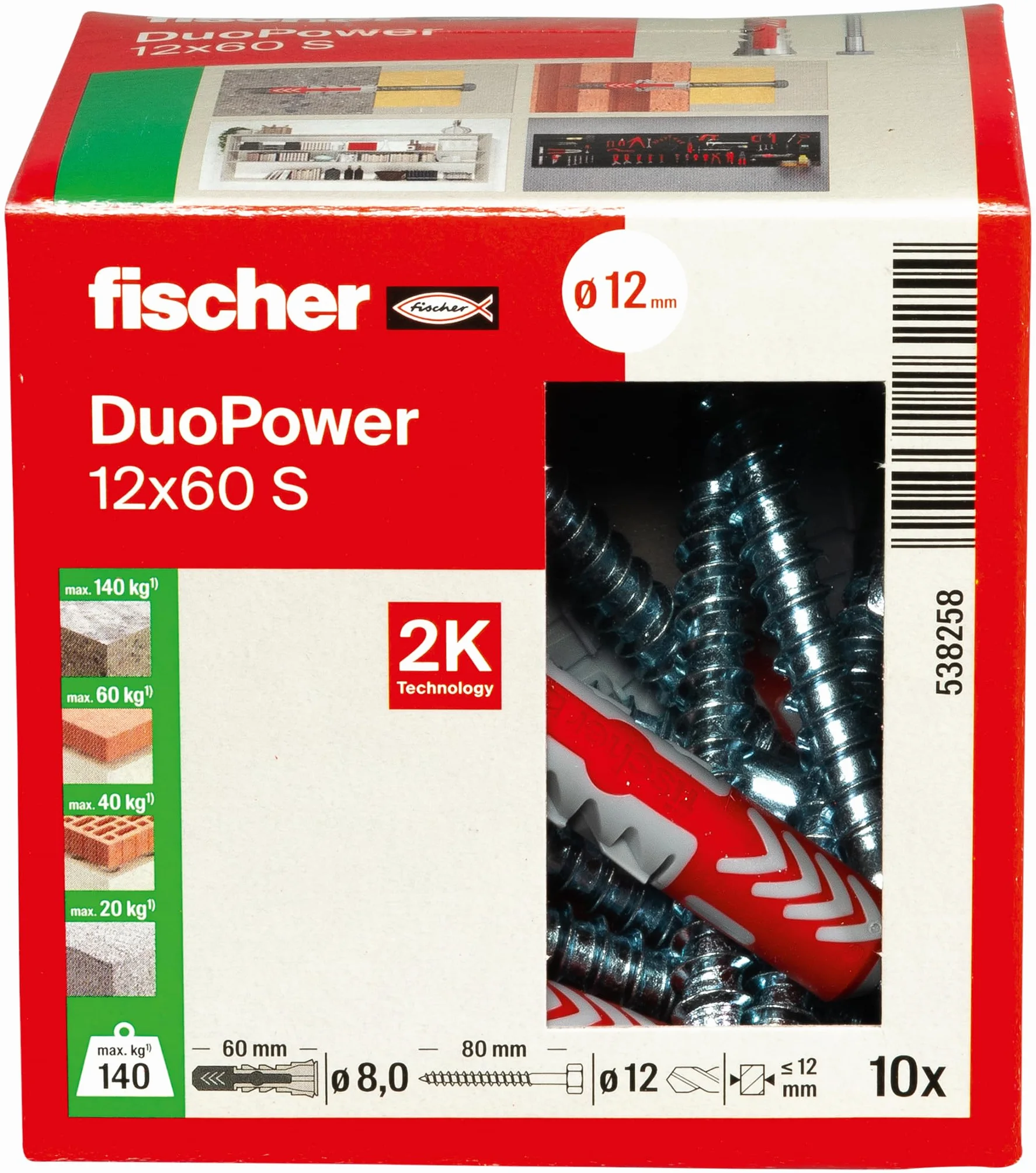 fischer DuoPower Uniwersalne kołki rozporowe ze śrubą zabezpieczającą, 2-komponentowe, kołki z tworzywa sztucznego do mocowania w betonie, cegle, kamieniu, płycie gipsowo-kartonowej i wielu innych, 10