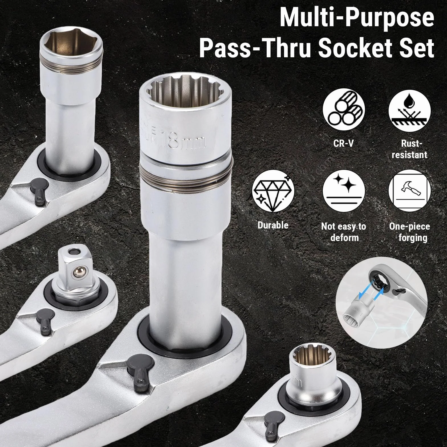 Cocoarm Zestaw Nasadek Przelotowych ze Stali Cr V, 13 szt. Zestaw Nasadek Pustych z grzechotką o 72 Zębach, od 10 Mm do 24 Mm, do Prętów Gwintowanych dla Mechaników Zajmujących się Naprawami