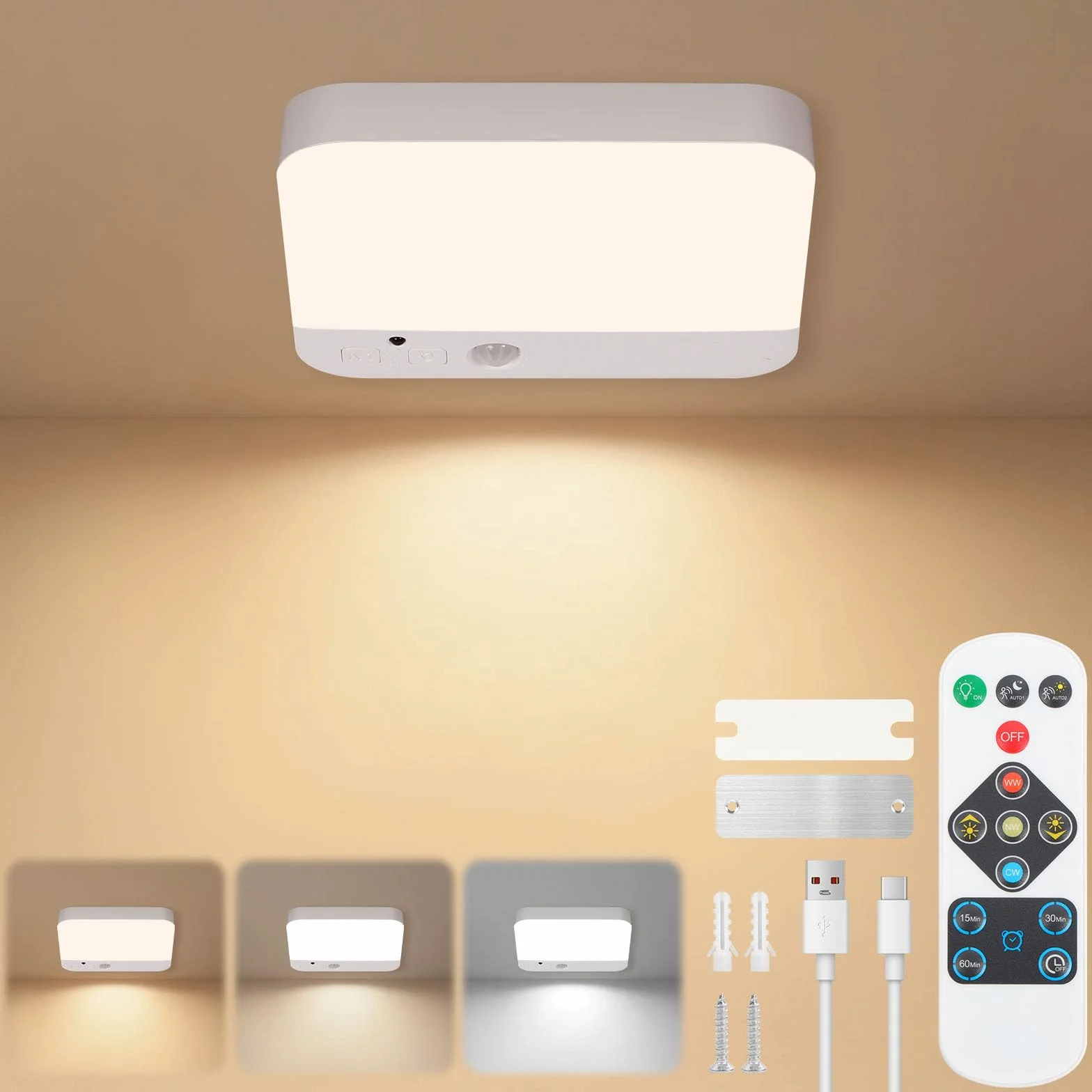 URAQT Lampa Sufitowa LED z Czujnikiem Ruchu, Bezprzewodowa, 3000K/4000K/6500K, Akumulatorowa, z Pilotem i Timerem, Åšciemnialna, do Łazienki, Sypialni, Korytarza