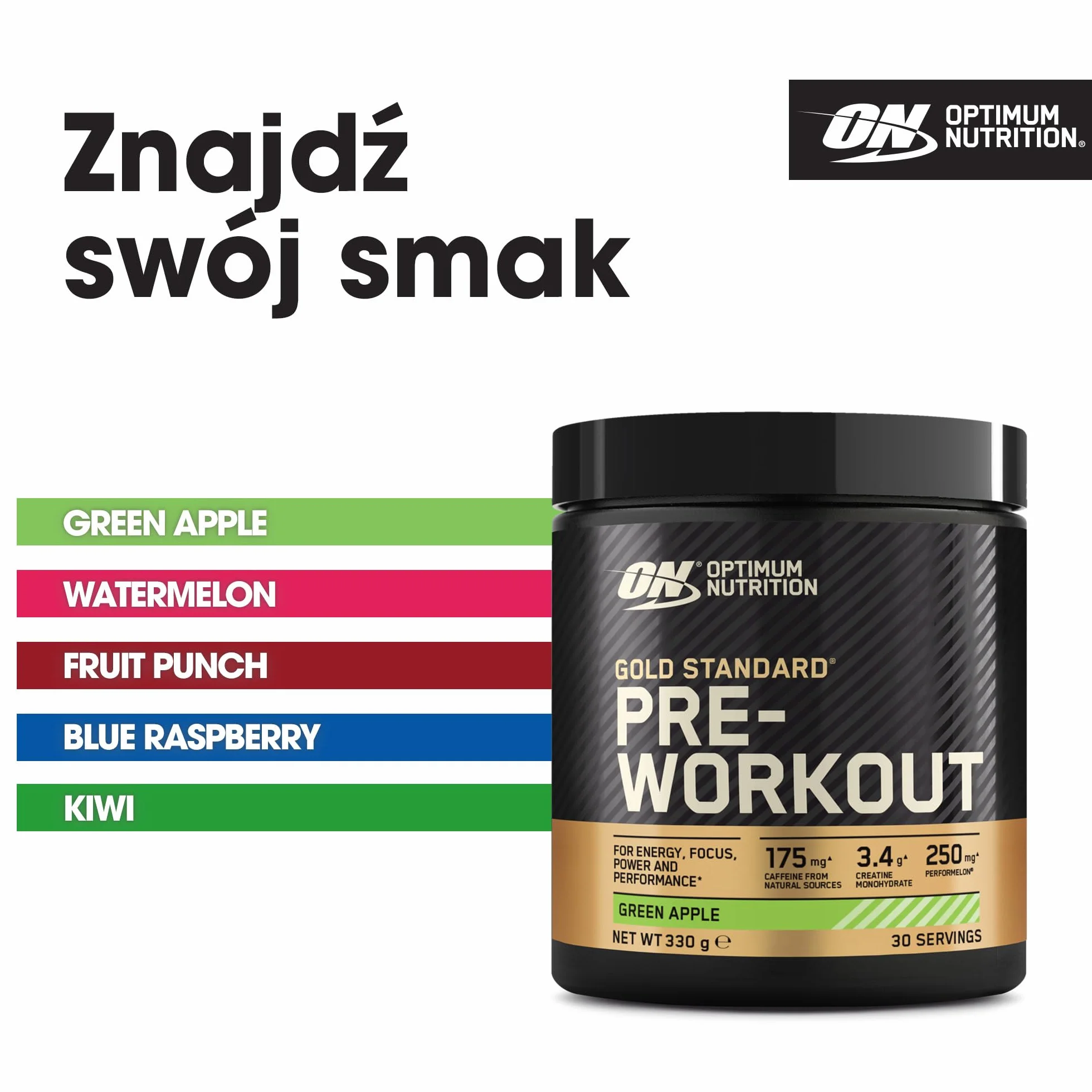 Optimum Nutrition Gold Standard odżywka przedtreningowa, napój energetyczny z monohydratem kreatyny, beta-alaniną, kofeiną i kompleksem witamin B, suplement diety, smak Green Apple, 30 porcji, 330 g