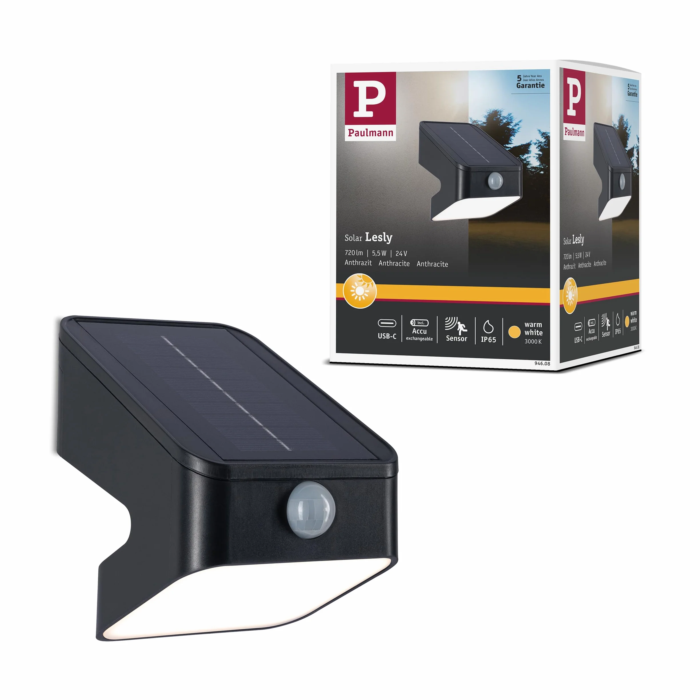 Paulmann 94608 Solarna myjka ścienna LED LeslyTwilight Controlled Motion Detector (IR) IP65Square 113x126mm3000K 5,5W 400lmantracyt plastik