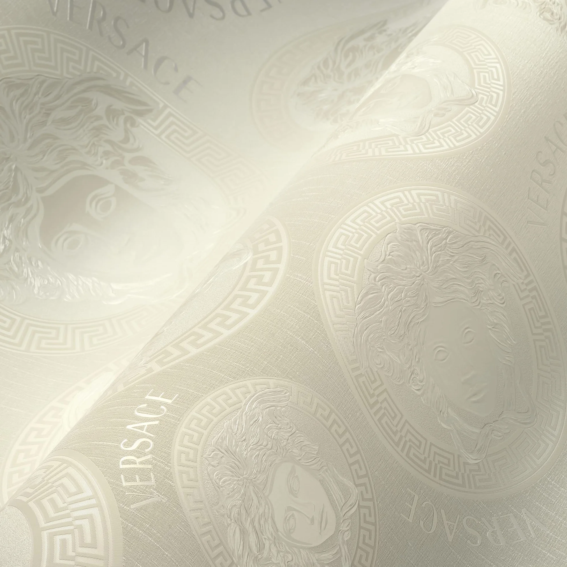 VERSACE WALLPAPER kremowa biała luksusowa tapeta na flizelinie logo Meduza lekko błyszcząca 386116 10,05 x 0,70 m Made in Germany
