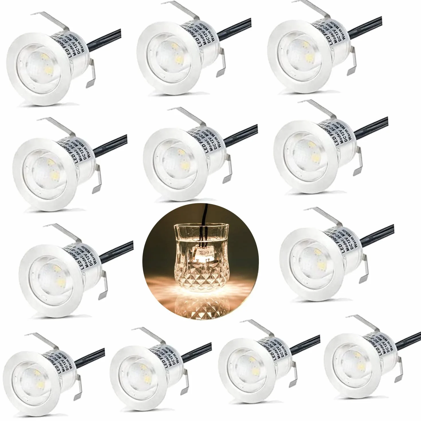 12 x zewnętrzne wpuszczane reflektory LED, wodoszczelne IP67, wpuszczane reflektory tarasowe, drewno sufitowe, 0,6 W DC12V ciepłe białe światło, zestaw mini lampy drogowej