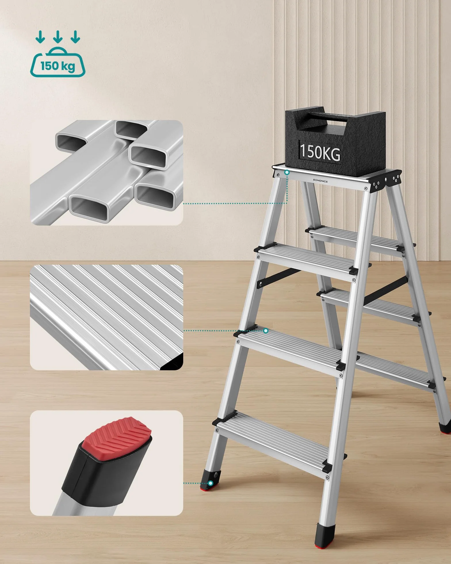 SONGMICS Drabina, schody, drabina aluminiowa z 4 antypoślizgowymi stopniami, składana, schody, drabina wielofunkcyjna, nośność do 150 kg, srebrno-szary atrament czarny GLT014E01