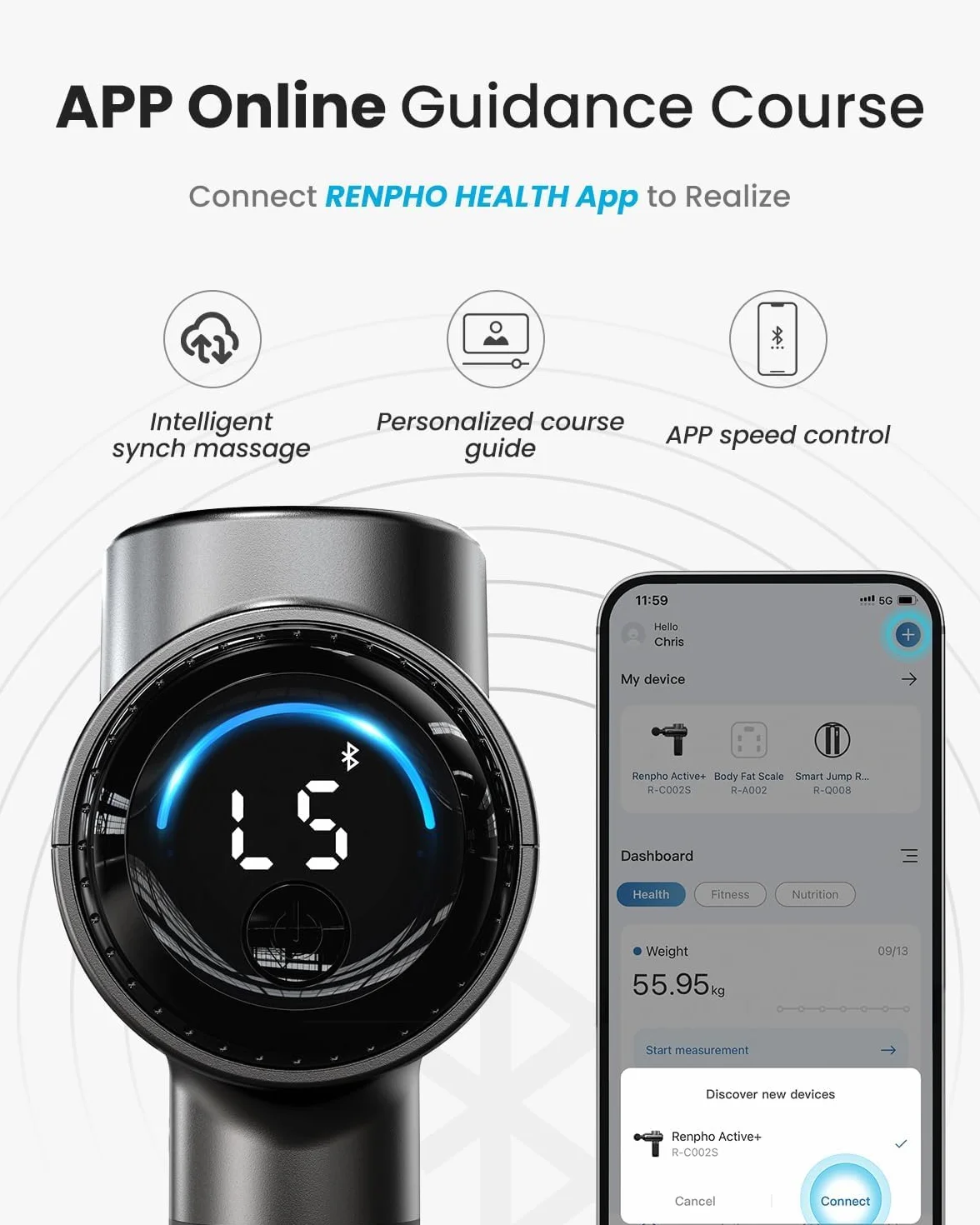 RENPHO pistolet do masażu z Bluetooth, masażer głębokich tkanek LED dotykowy