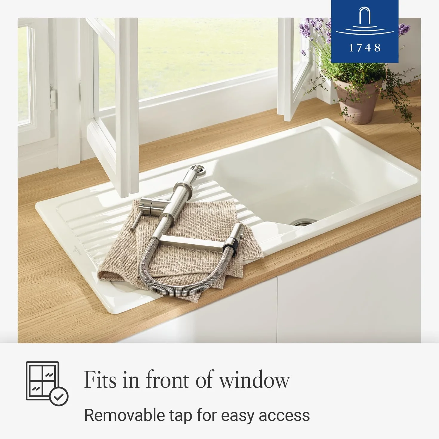 Villeroy & Boch Steel Expert Compact Window armatura kuchenna, wysokociśnieniowa, kran kuchenny z montażem przed oknem, oszczędność wody, wysokość wylewki 147 mm, masywna stal nierdzewna