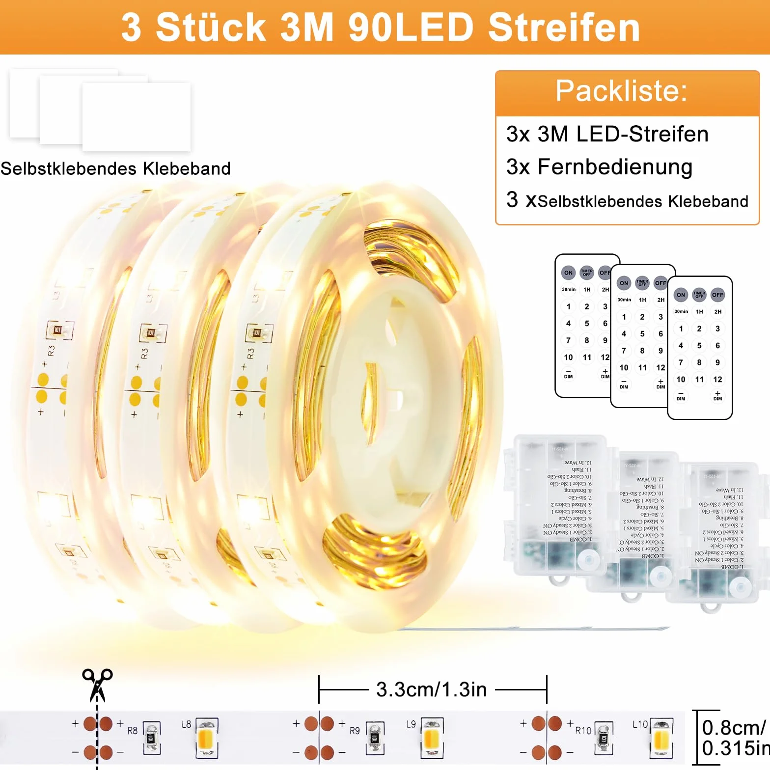 Taśma LED z baterią 3M 3 sztuki pilot zdalnego sterowania timer ciepła biel zimna biel ściemnianie 12 trybów