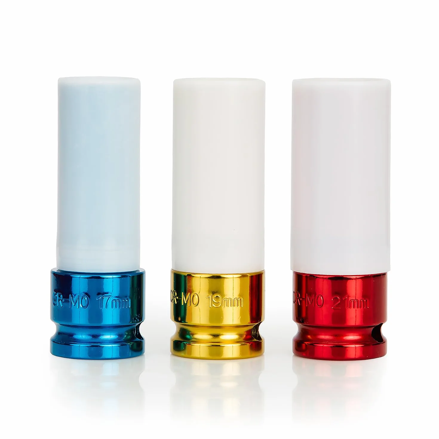 OEMTOOLS 25583 1/2 Drive zestaw cienkościennych nakrętek ochronnych, 3 szt. | nakrętki mocujące bez kółek do drapania | nasadki oznaczone kolorami |17 mm / 11/40.6 cm (niebieski), 19 mm / 3/10.2 cm