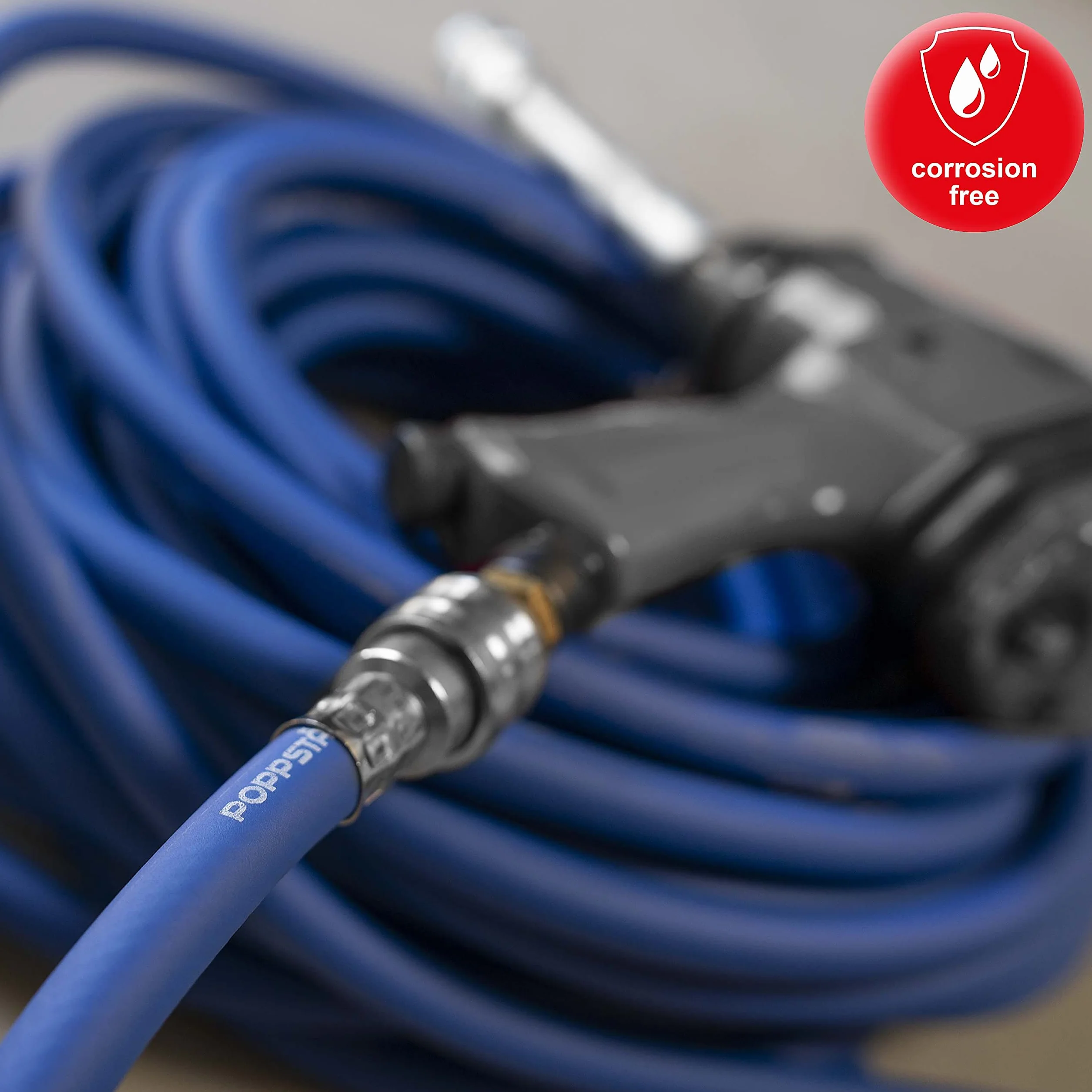 Poppstar wąż pneumatyczny 20m (hybrydowy: PVC wzmocniony tkaniną, średnica wew 9,2mm z szybkozłączką i wtyczką złącza) do 20 bar, niebieski