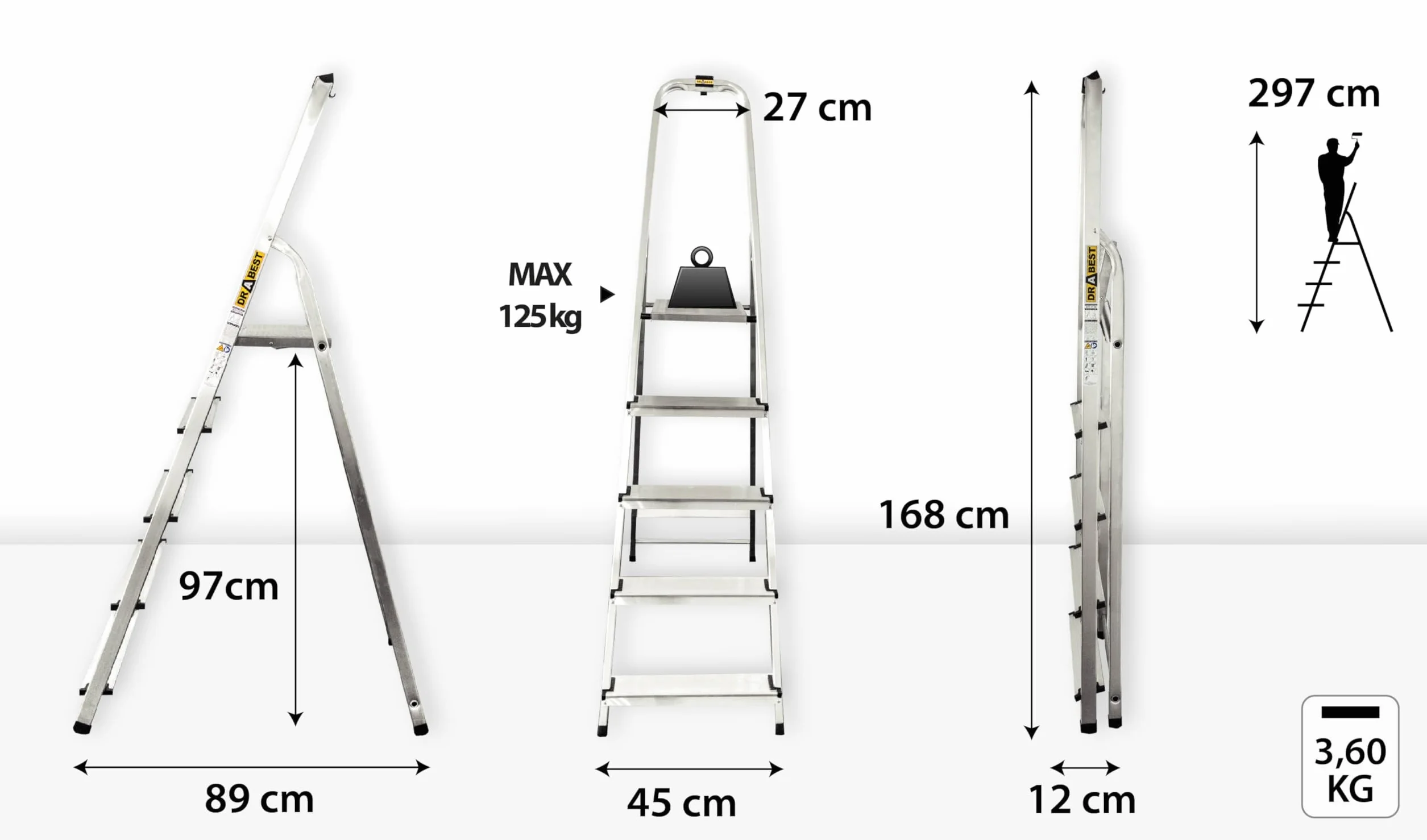 Drabest Aluminiowa 5-Stopniowa Drabina Domowa Udźwig 125 KG - Drabina Z Barierką Zabezpieczającą I Platformą Roboczą - Drabiny Wielofunkcyjne - Drabiny 5-Stopniowe - 45 X 168 X 12 Cm