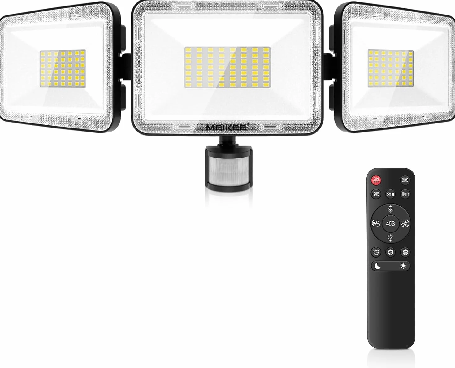 MEIKEE 70W Reflektor LED z czujnikiem ruchu, 700-6800LM, 6500K, 3 tryby, 10 poziomów jasności, wodoodporny IP66, oświetlenie punktowe led Z pilotem, trzygłowicowy, regulowany o kącie 180°