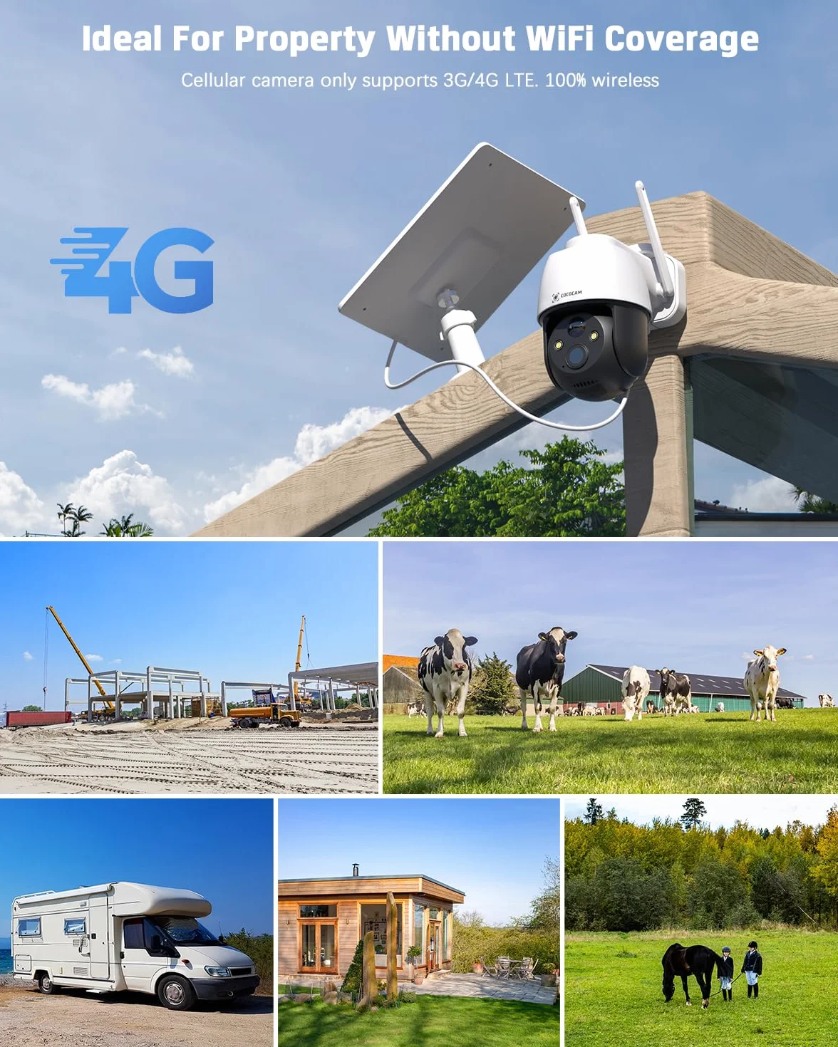 COCOCAM 3G/4G LTE Bezprzewodowa Kamera Bezpieczeństwa 2K na Zewnątrz, Słoneczna, Wykrywanie PIR, AI, Karta SIM w Zestawie