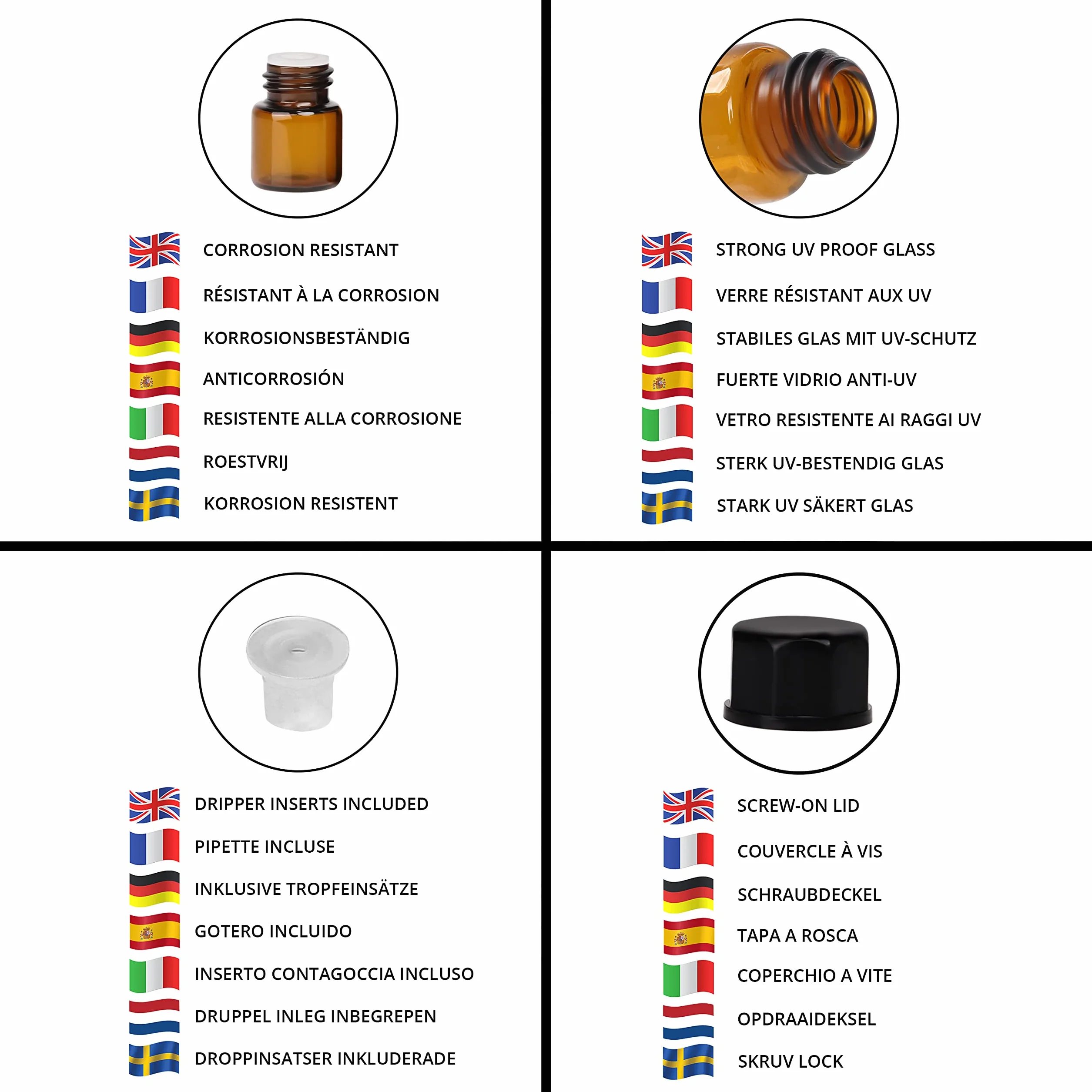 BELLE VOUS 50 sztuk butelek na próbki olejków eterycznych, 1 ml, butelki ze szkła bursztynowego z wkładkami, do wielokrotnego napełniania, z czarnymi zakrętkami i zakraplaczami, do olejów, zapachów