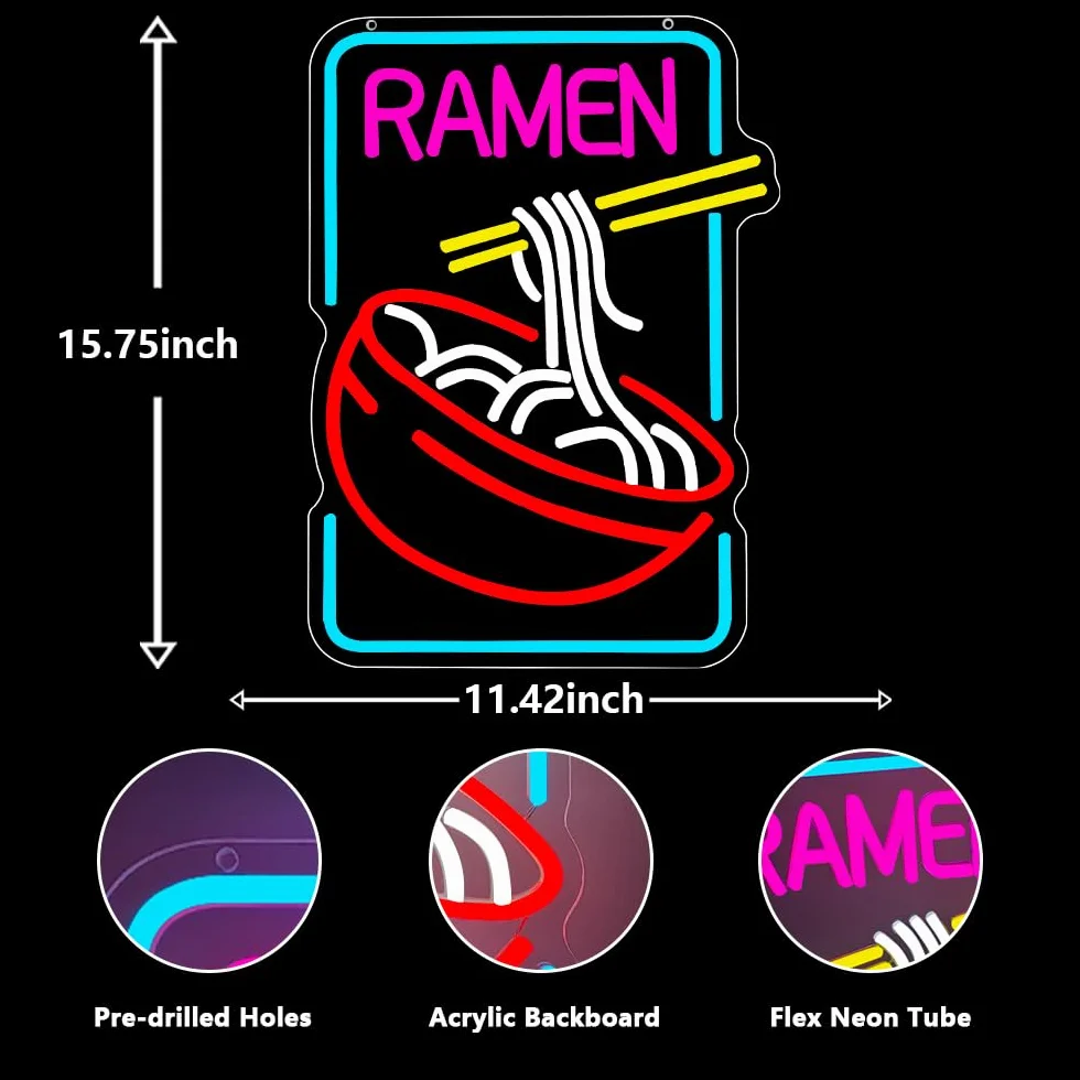 Ramen neonowa tabliczka do dekoracji ściany, zasilany przez USB, makaron LED, dekoracja ścienna, prezent do japońskiego sklepu z ramami, do domu, baru, kuchni, sypialni (40 x 30 cm)