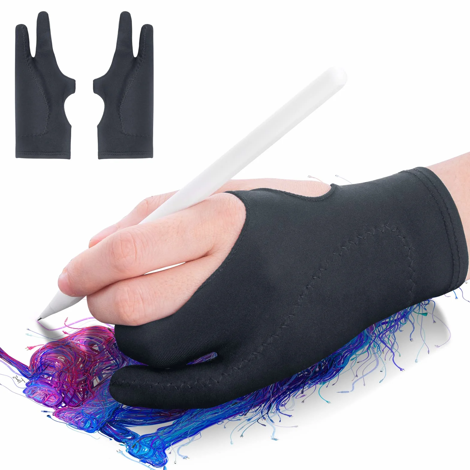 Glove rękawiczki do rysowania, zestaw 2 szt., cyfrowe rękawiczki artystyczne, taca do rysowania, cyfrowe rękawiczki do rysowania, z dwoma palcami do szkicowania, uniwersalne dla lewej i prawej ręki,