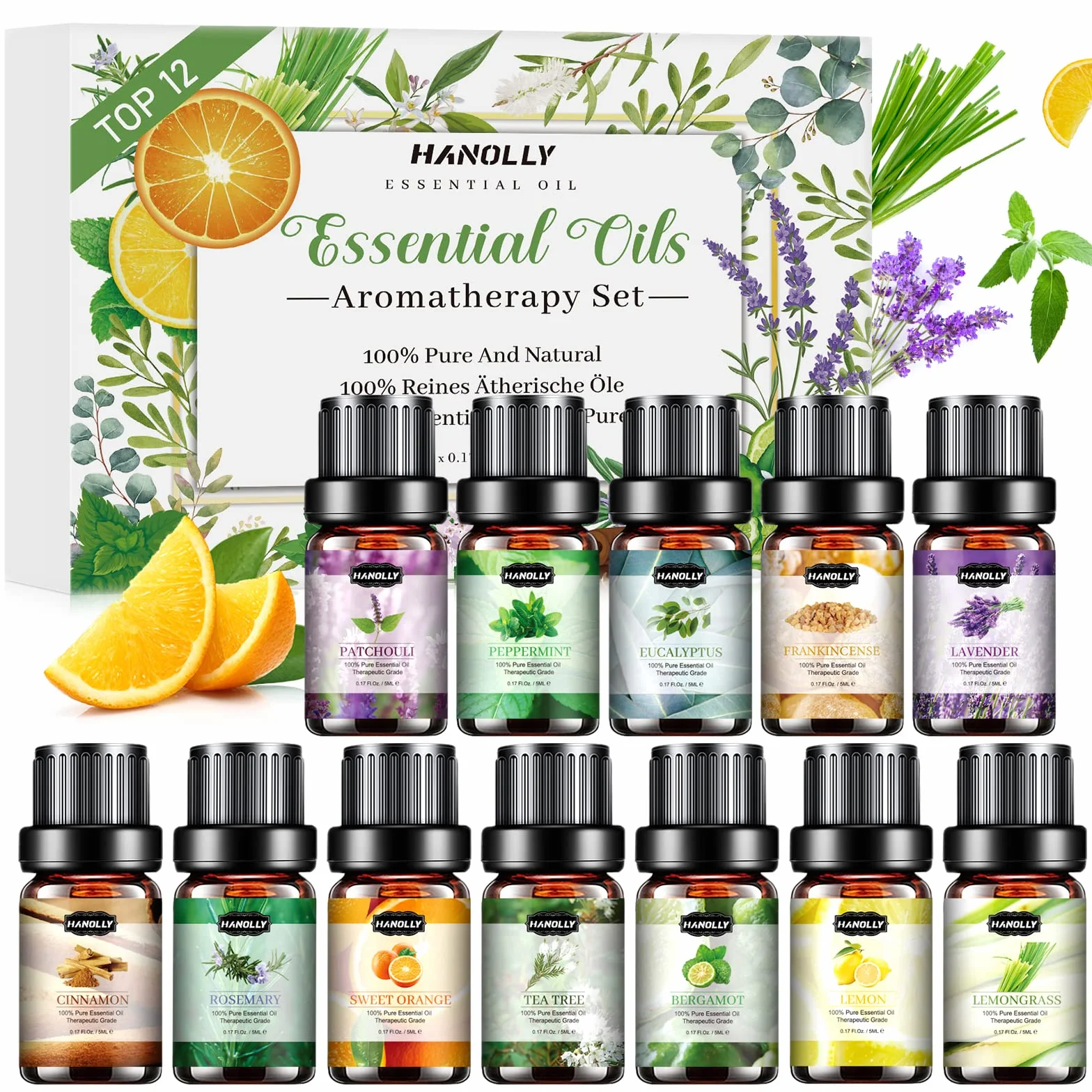 Hanolly Zestaw Olejków Eterycznych 12 x 5 ml Naturalne Olejki Zapachowe Do Aromaterapii