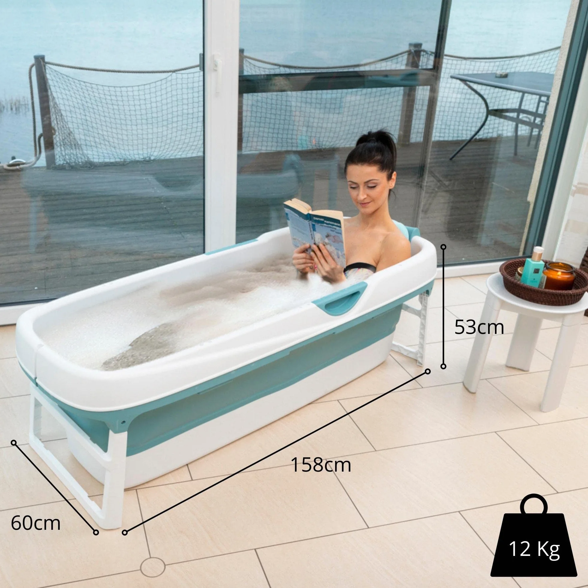 CRS składana wanna dla dorosłych 158x62x52cm | składana mobilna wanna idealna do małych łazienek | składana wanna | przenośna składana wanna do ustawienia Niebieski