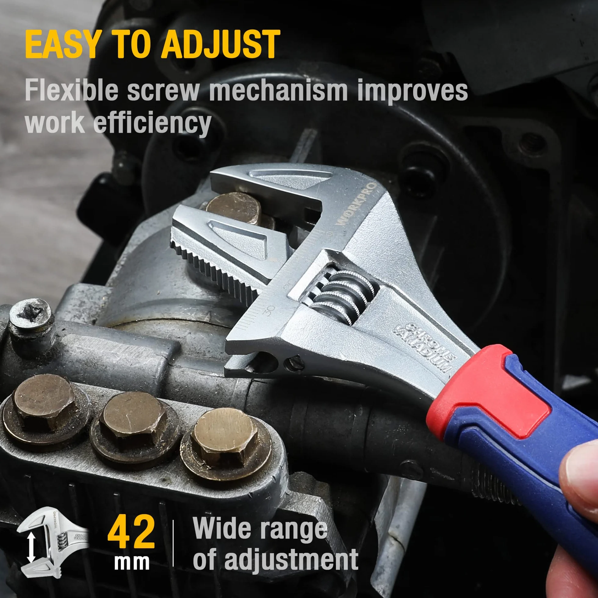 WORKPRO Klucz nastawny 2 w 1, klucz do rur, szczęka o szerokości 42 mm, stal Cr-V, długość 200 mm, z miękkim uchwytem, podwójny materiał