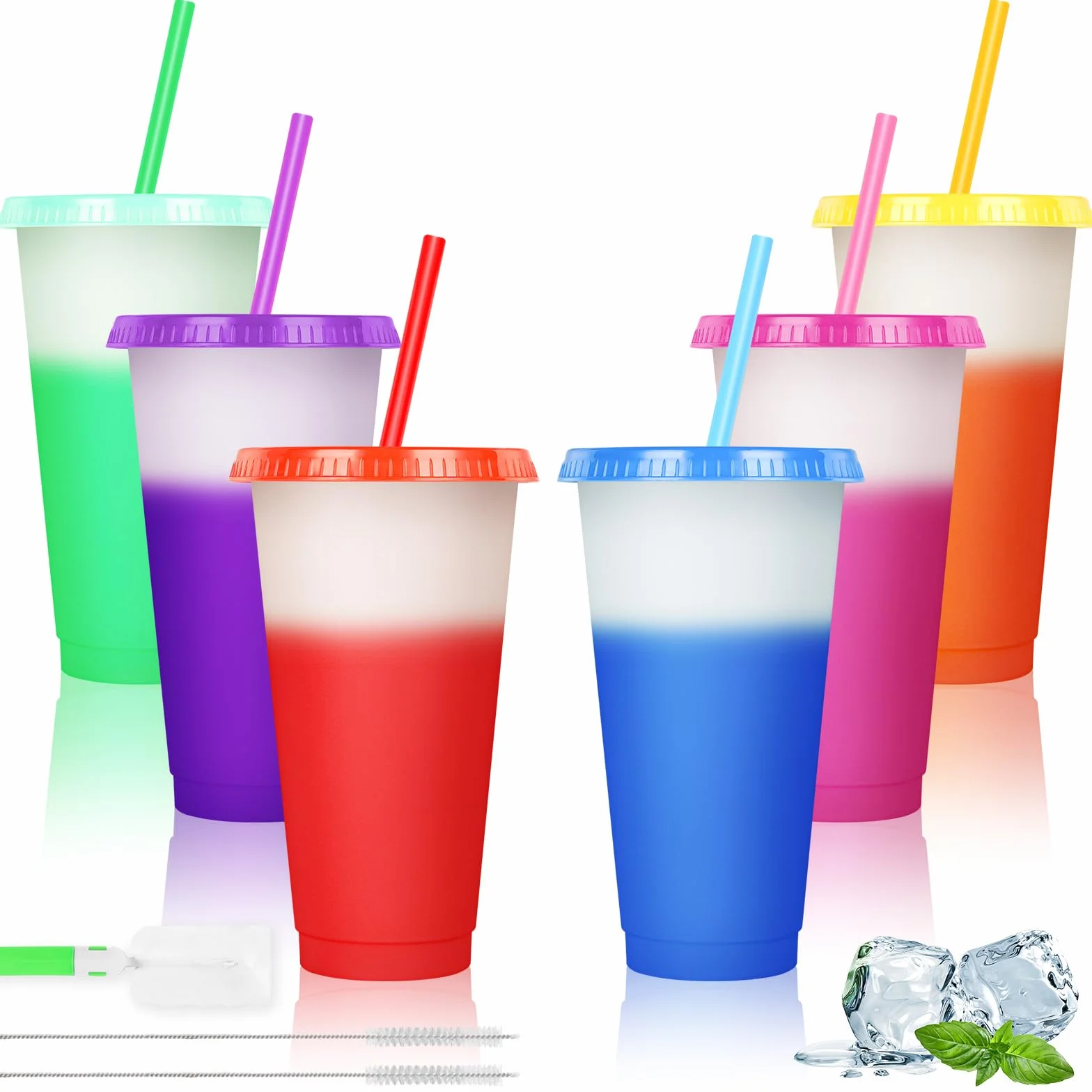 AUAUY Wielokrotnego użytku kubeczek zmieniający kolor, zestaw 6 sztuk, wolny od BPA, plastikowy kubek podróżny, 710 ml, kubeczek do lodów z pokrywką i słomką, butelka do koktajli mlecznych, magiczny