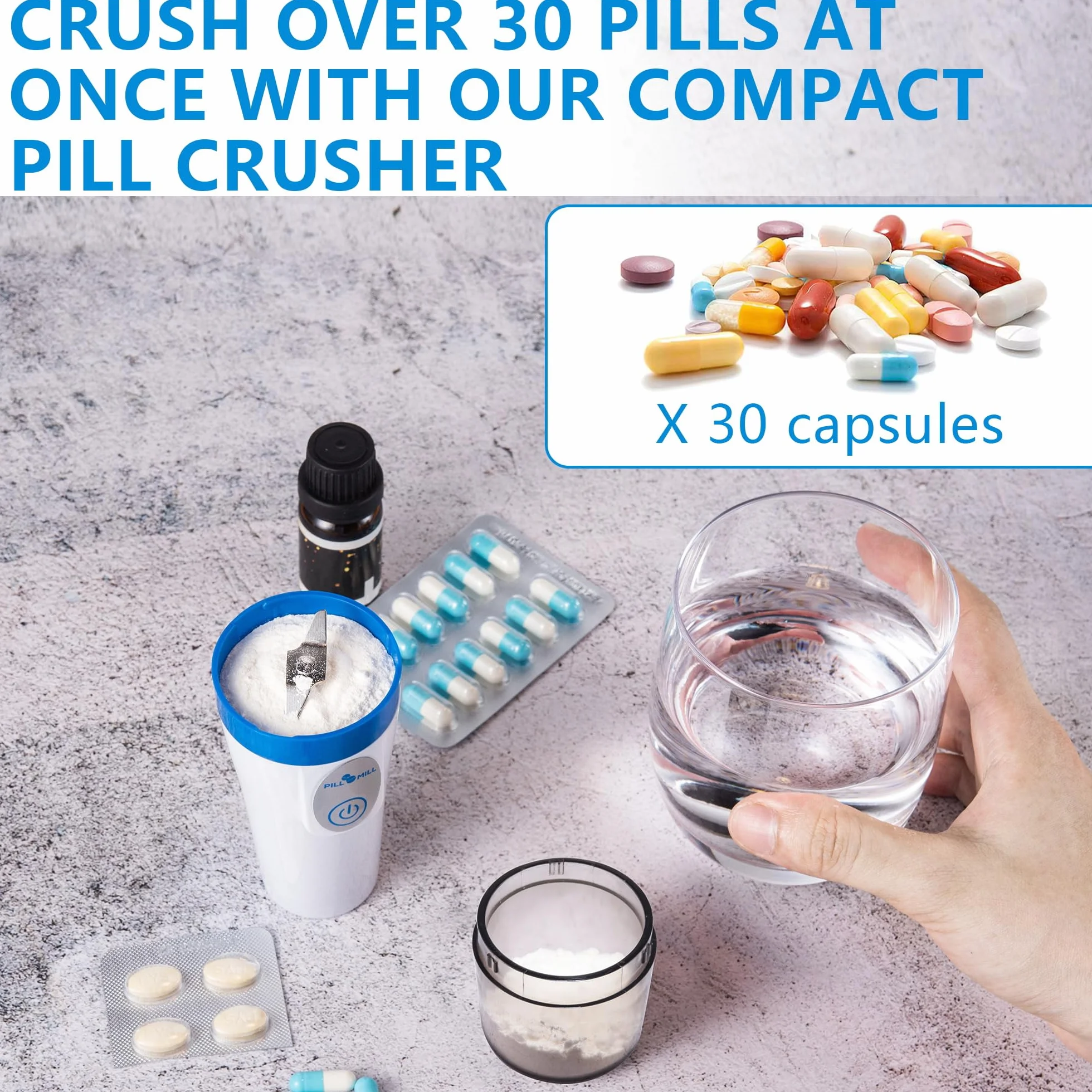 Pill Mill kompaktowy elektryczny rozdrabniacz do tabletek drobny proszek zestaw ze szczotką