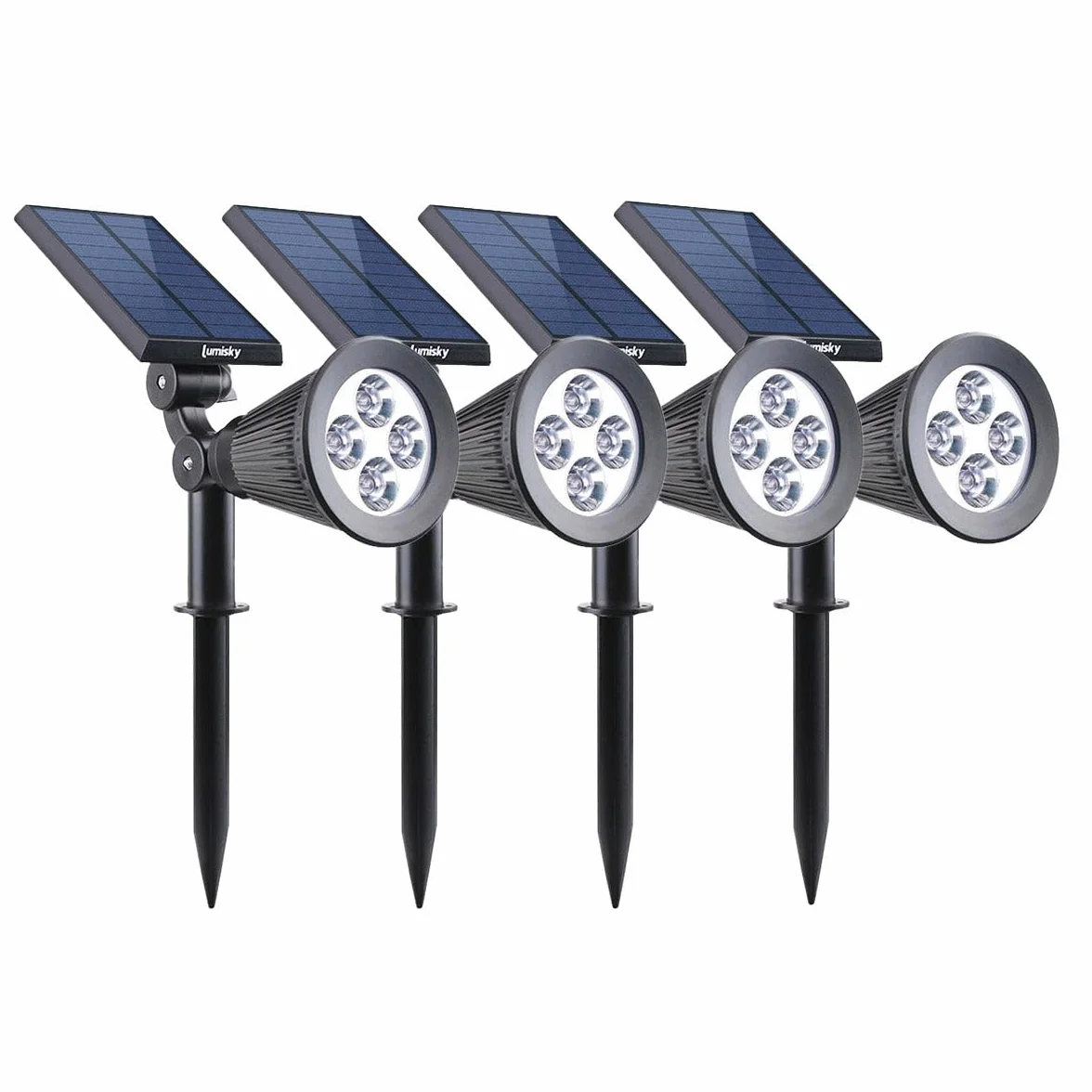 Lumisky Zestaw 4 reflektorów solarnych 2 w 1, do zszywania lub mocowania, mocne ściemnialne oświetlenie LED, białe SPIKY H42 cm