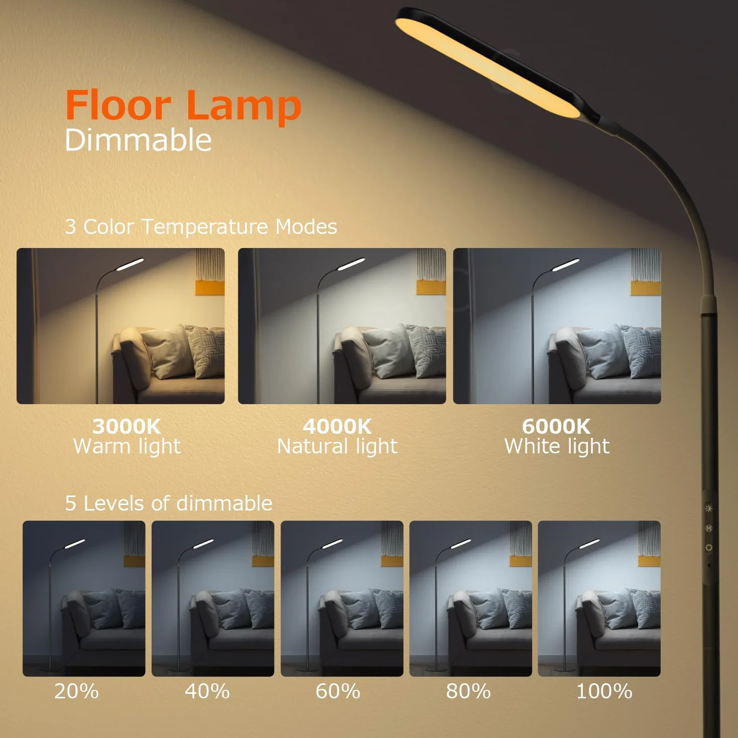 OUSFOT Ściemnialna Lampa Podłogowa LED 170 cm Sterowanie Dotykowe i Zdalne Regulowana Lampa Podłogowa 3000-4000-6000 K LED na Gęsiej Szyi do Sypialni Salon Biuro