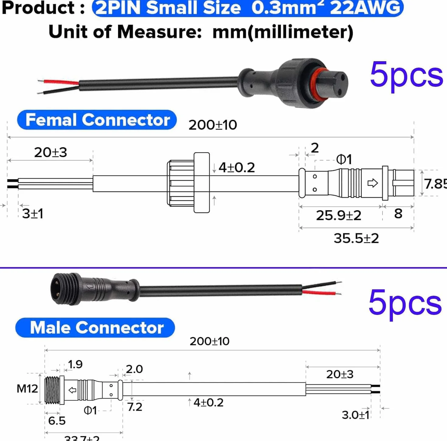 RUNCCI-YUN 5 par 2 pin wodoodporne złącza przedłużacz wtyczka męska i żeńska 2 piny IP67 wodoodporne złącze elektryczne przedłużacz 22AWG 20 cm ara taśmy LED