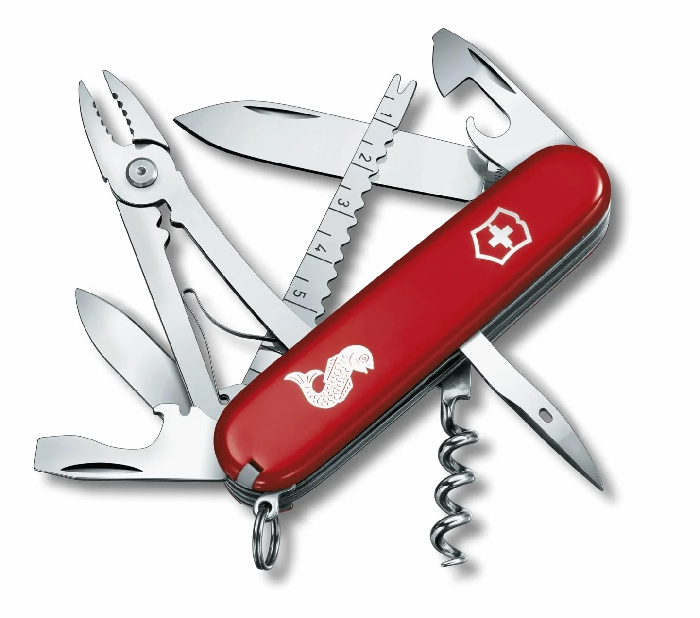 Victorinox Taschenmesser Angler (18 Funktionen, Klinge, Fischentschupper, Kombizange, Angellöser, Drahtschneider) rot