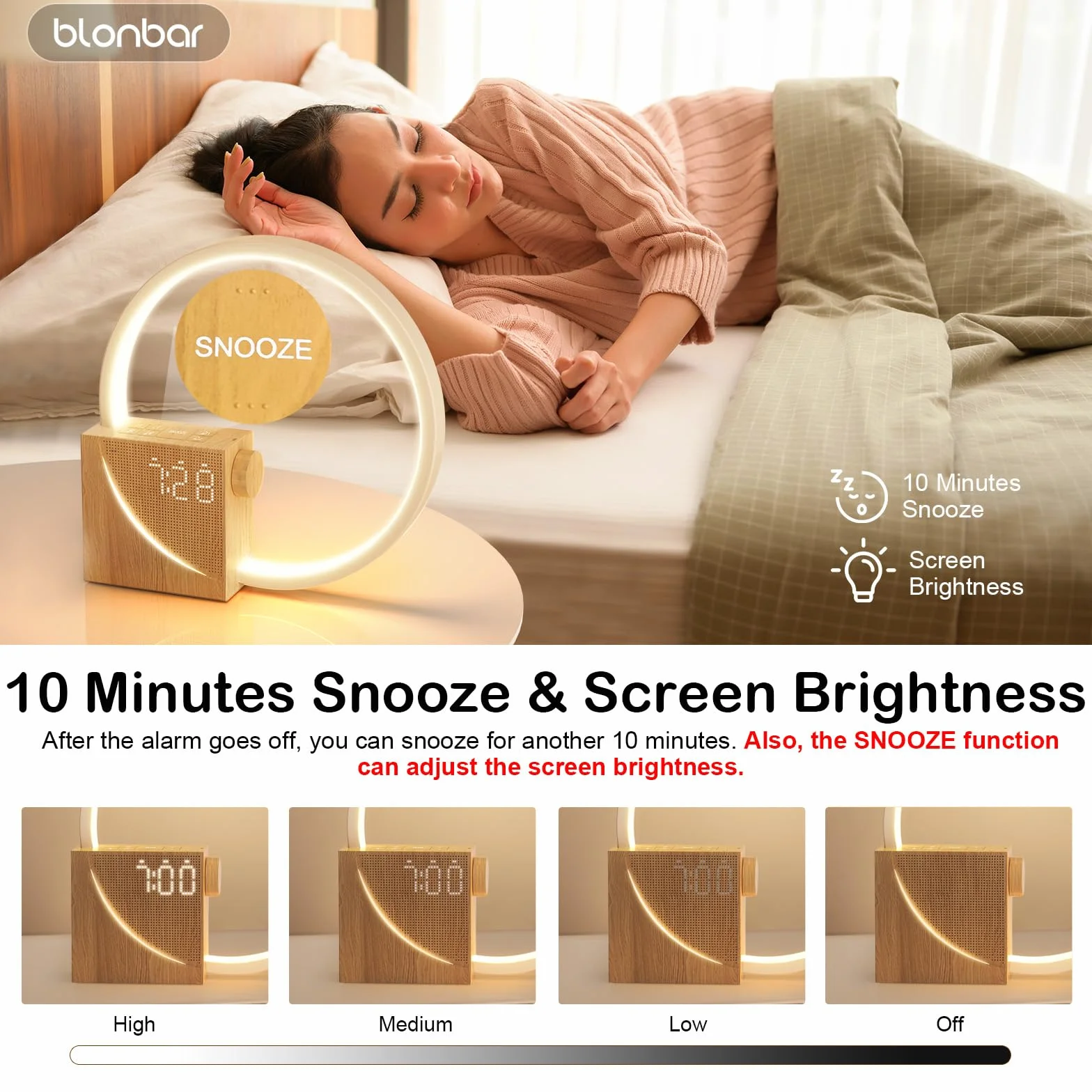 Blonbar Lampka Nocna z Budzikiem Świetlnym Wake Up, Lampa Stołowa z Ładowaniem USB 10W, Sterowanie Dotykowe, Ściemniana