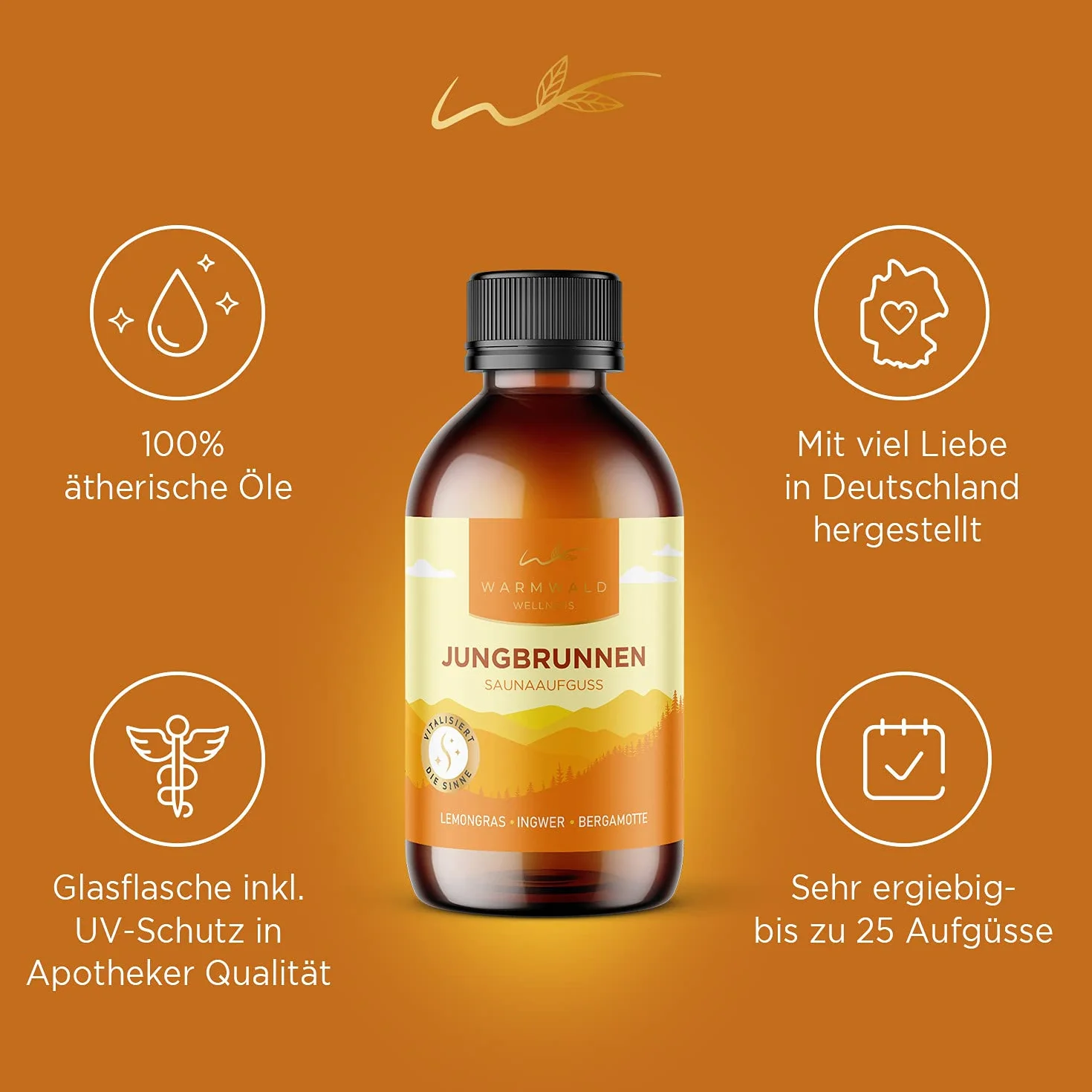 Warmwald Środek do nalewania do sauny, nalewanie do sauny z naturalnymi olejkami eterycznymi, olejek do sauny, zapach trawy cytrynowej, imbirowo-bergamotka (Jungbrunnen 100 ml)