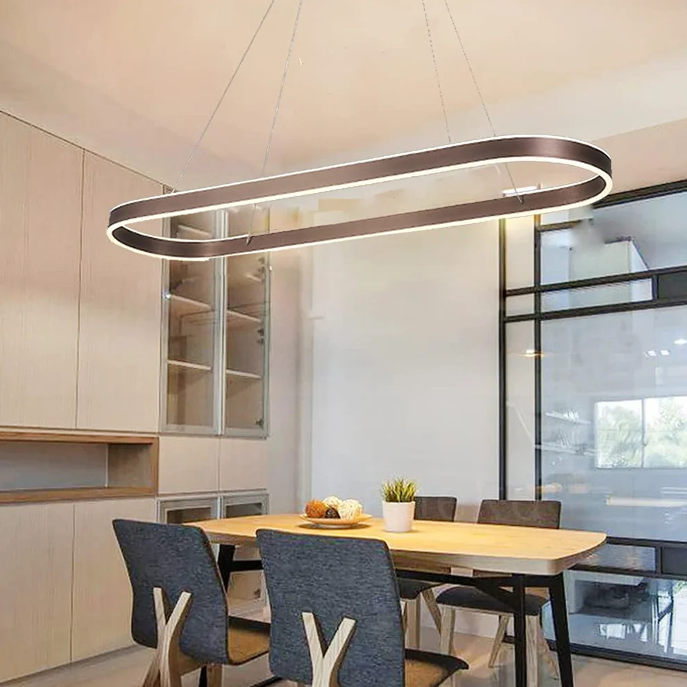 Nowoczesna Lampa Wisząca LED - Owalna, Ściemniana, Z Regulacją Wysokości Do Biura, Salonu, Sypialni, Kuchni, Baru, Jadalni - Dekoracyjna (Brązowa)