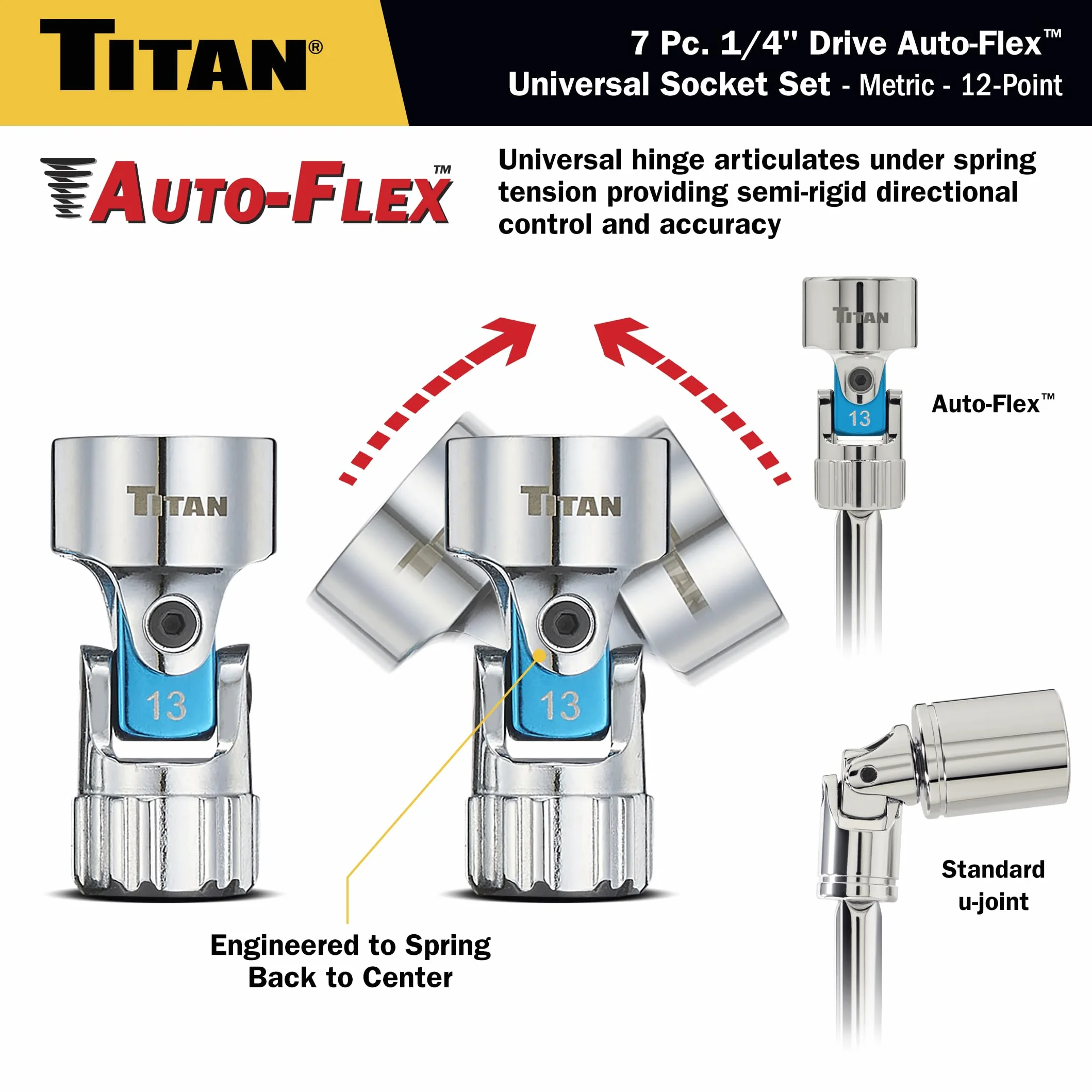 Titan 66840 7-częściowy uniwersalny zestaw nasadek z napędem 1/4-calowym metrycznym Auto Flex