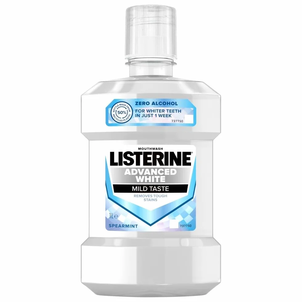 LISTERINE Advanced White Łagodny Smak 1000 ml, Płyn do płukania jamy ustnej, Skutecznie usuwa przebarwienia, Wybiela zęby już w 2 tygodnie, 1l