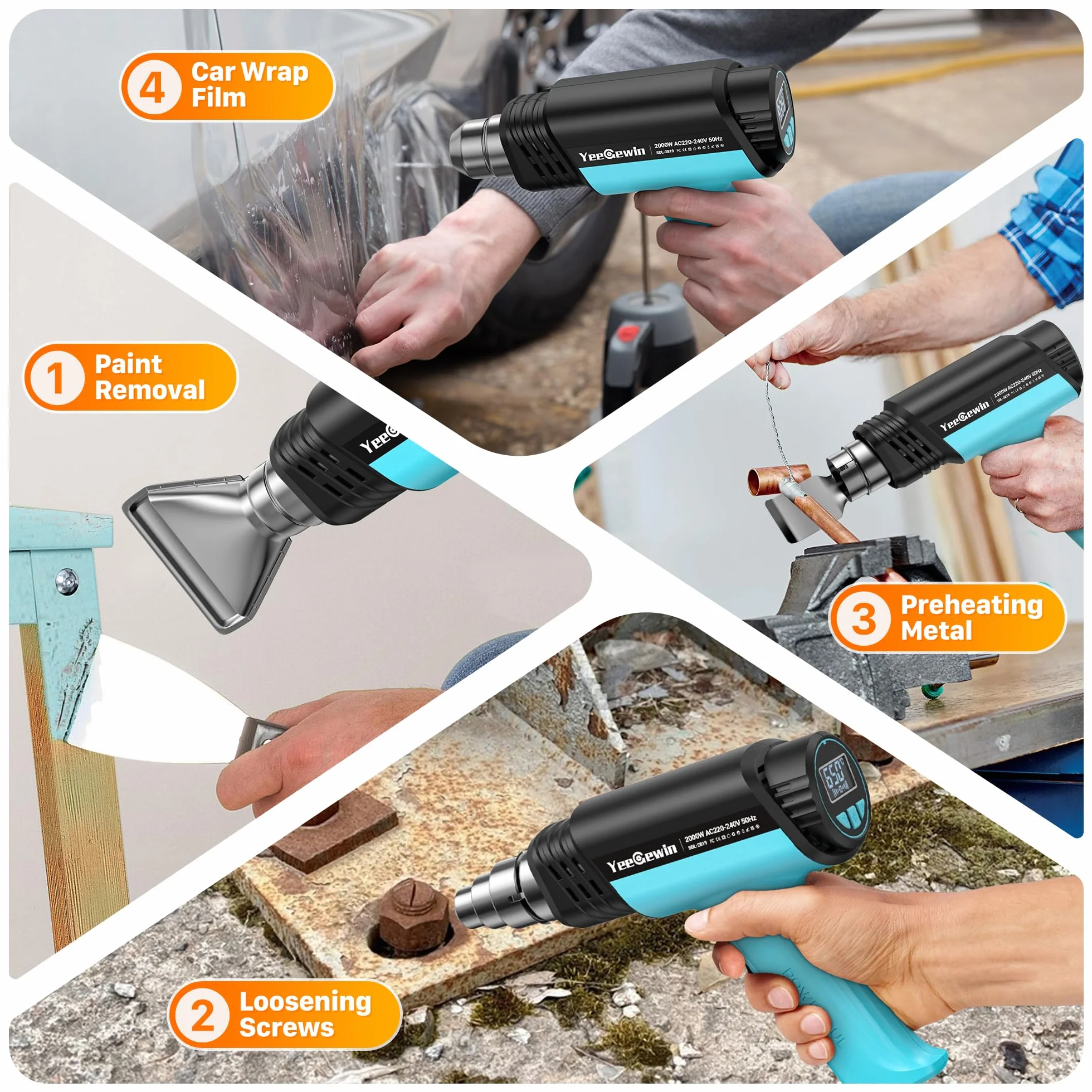 Pistolet na gorące powietrze 2000 W, regulacja temperatury 50-650℃ z wyświetlaczem LCD, zabezpieczenie przed przegrzaniem, pamięć włączenia, suszarka do usuwania farby, odkształcenia folii