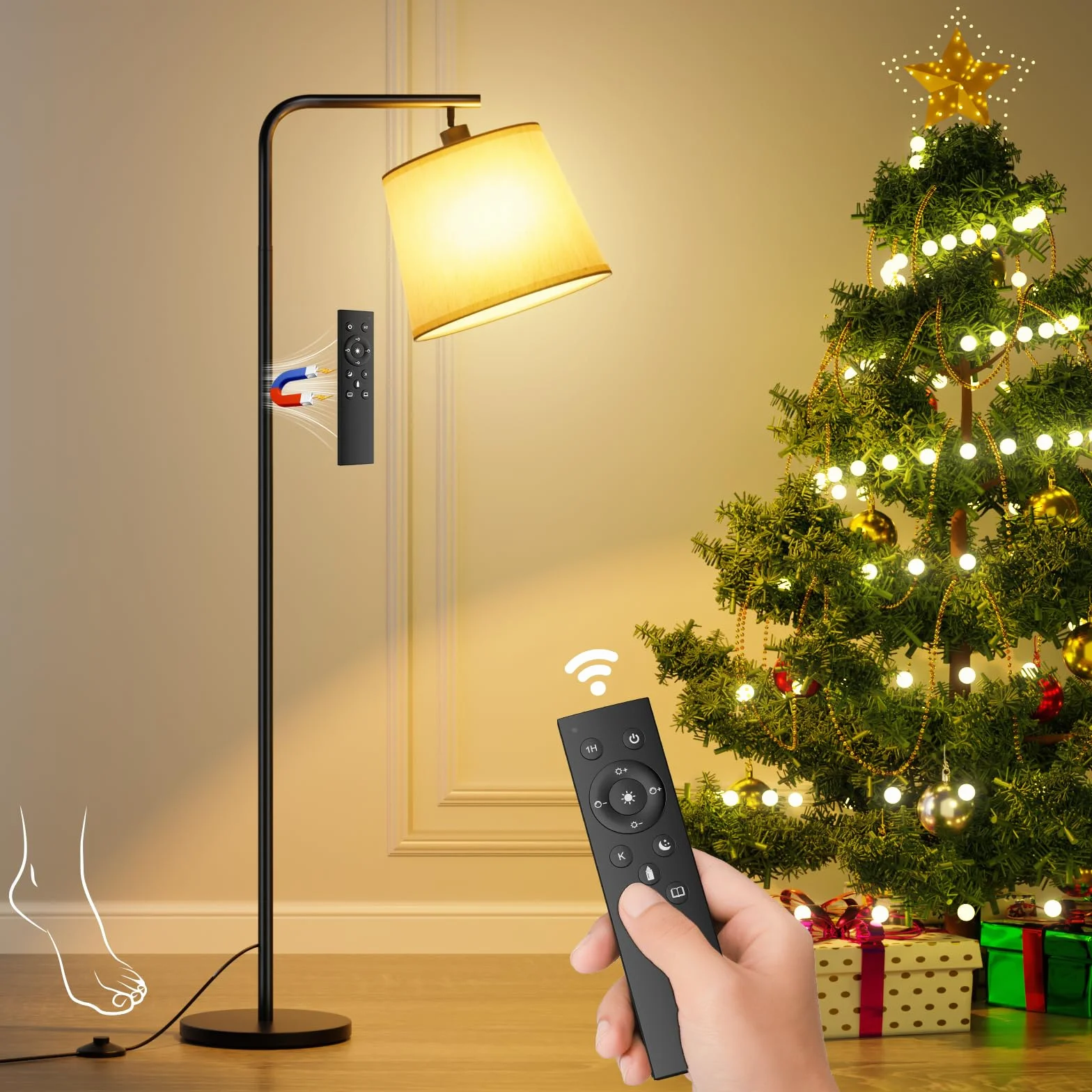 Lampa podłogowa do salonu, ściemnialna lampa podłogowa, lampa stojąca z pilotem, klosz lniany, żarówka LED E27, oświetlenie wewnętrzne do sypialni, czytania, biura