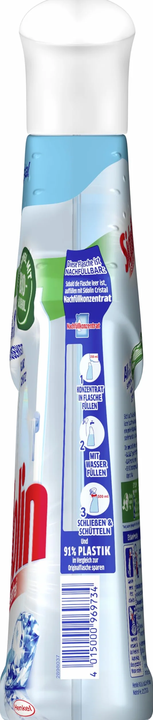 Sidolin Cristal, płyn do czyszczenia szkła (500 ml), butelka z rozpylaczem, zapewnia doskonały połysk i zapobiega mikropęknięciom