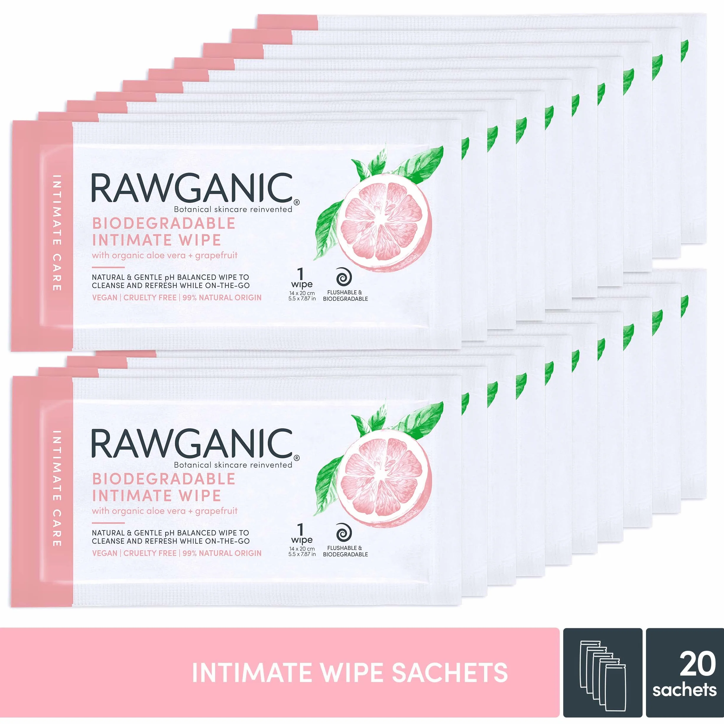 RAWGANIC® - BIO Intim Wipe saszetki – wilgotne chusteczki do pielęgnacji "dół" (20 saszetek)
