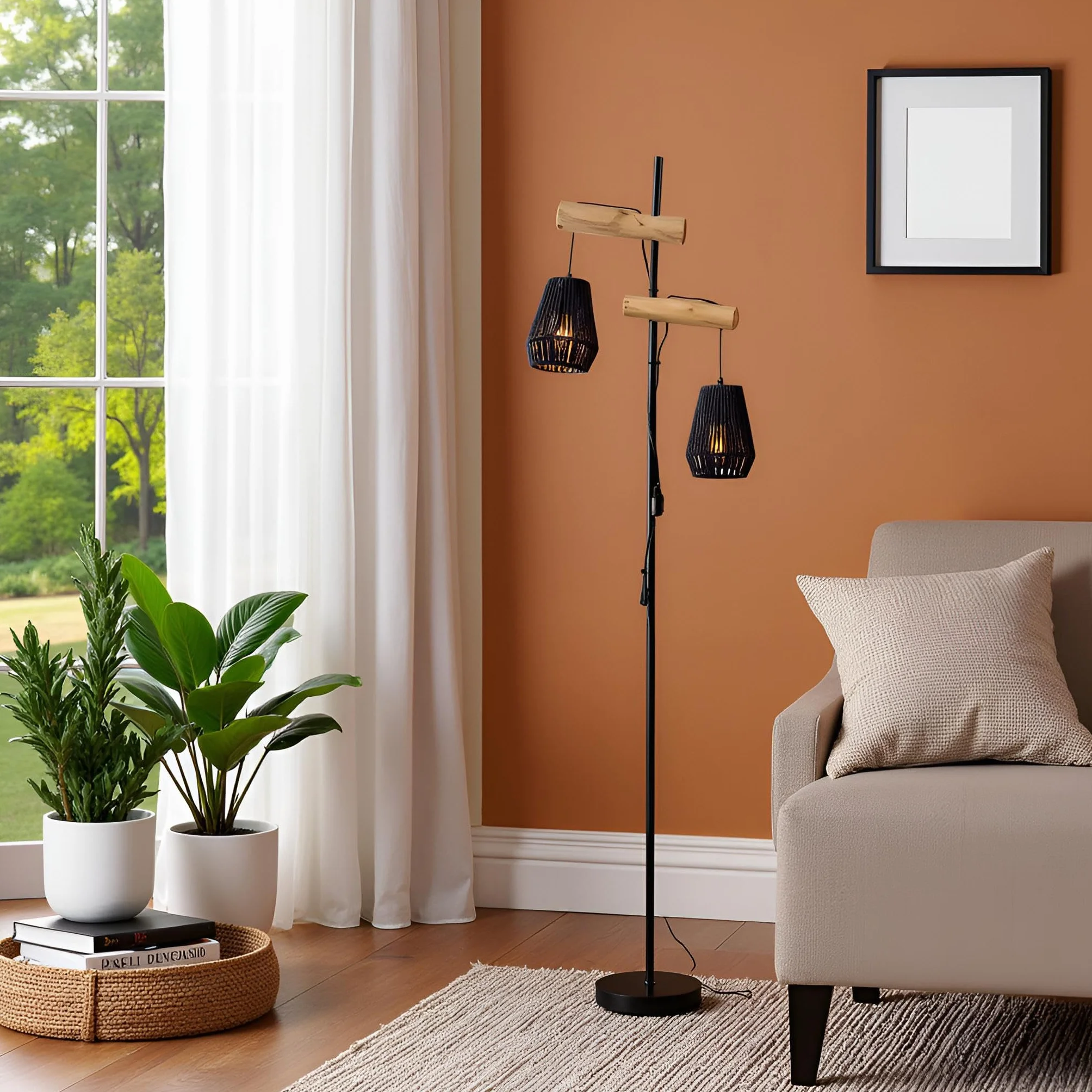 Vintage Lampa podłogowa z wiklinowym abażurem i drewnianą podłogą, idealna do salonu, 169 cm