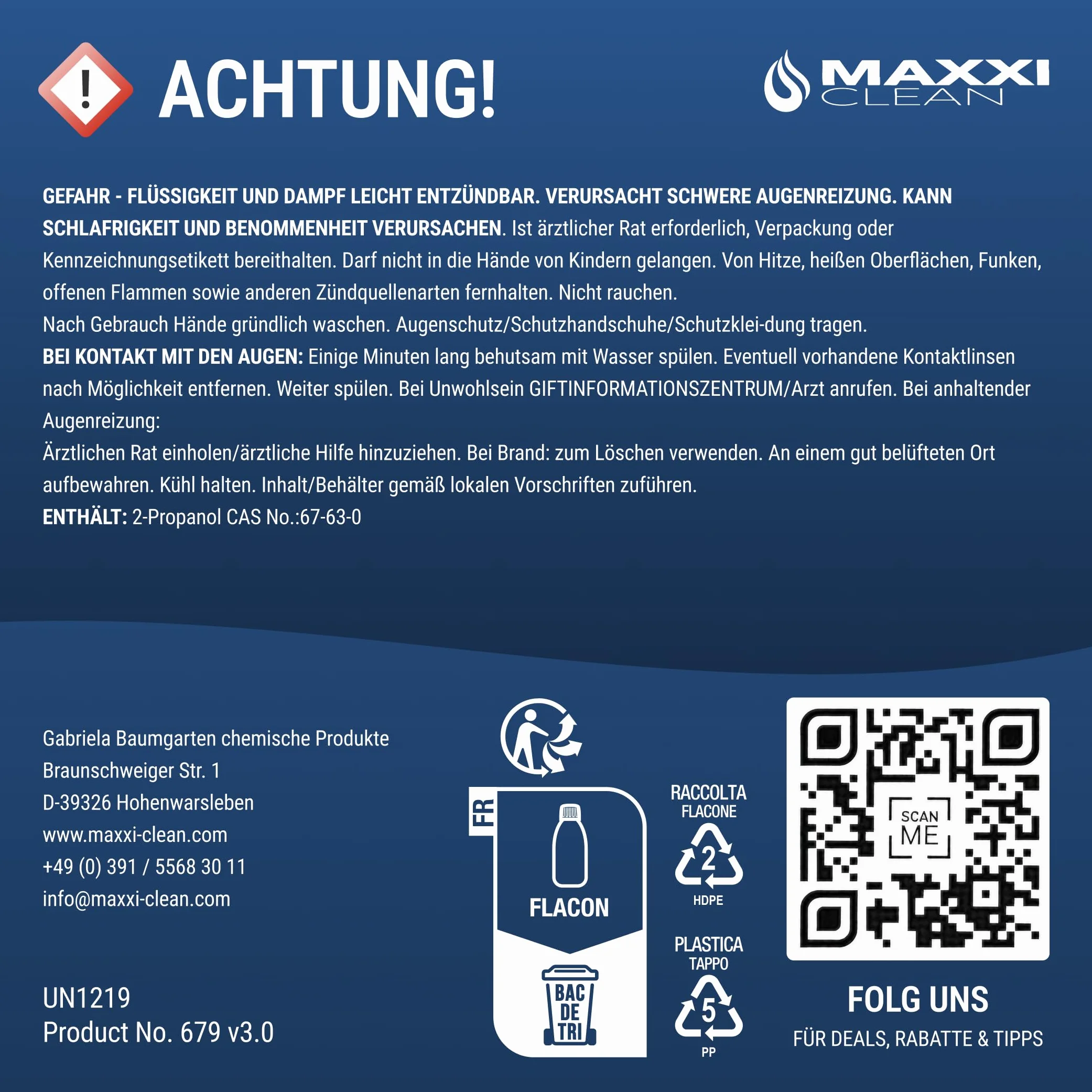 Maxxi Clean | Czysty izopropanol (99,9%) Alkohol czyszczący | 1x 750 ml Środek do usuwania tłuszczu i rozpuszczalnik | Alkohol do nacierania Alkohol izopropylowy