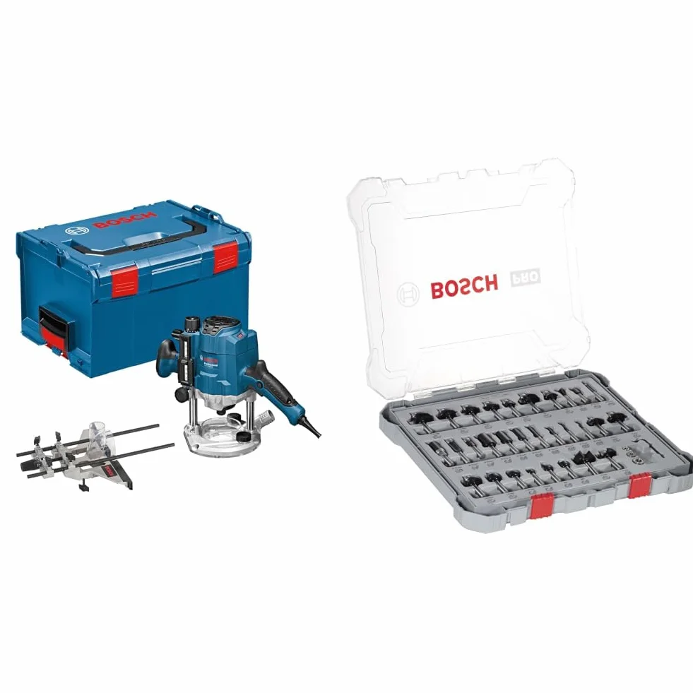 Bosch Professional Frezarka górnowrzecionowa GOF 1250 CE (klucz płaski 19 mm, adapter tulejki kopiującej, L-BOXX 238) + 30-częściowy zestaw frezów mieszanych (do drewna, akcesoria frezarki