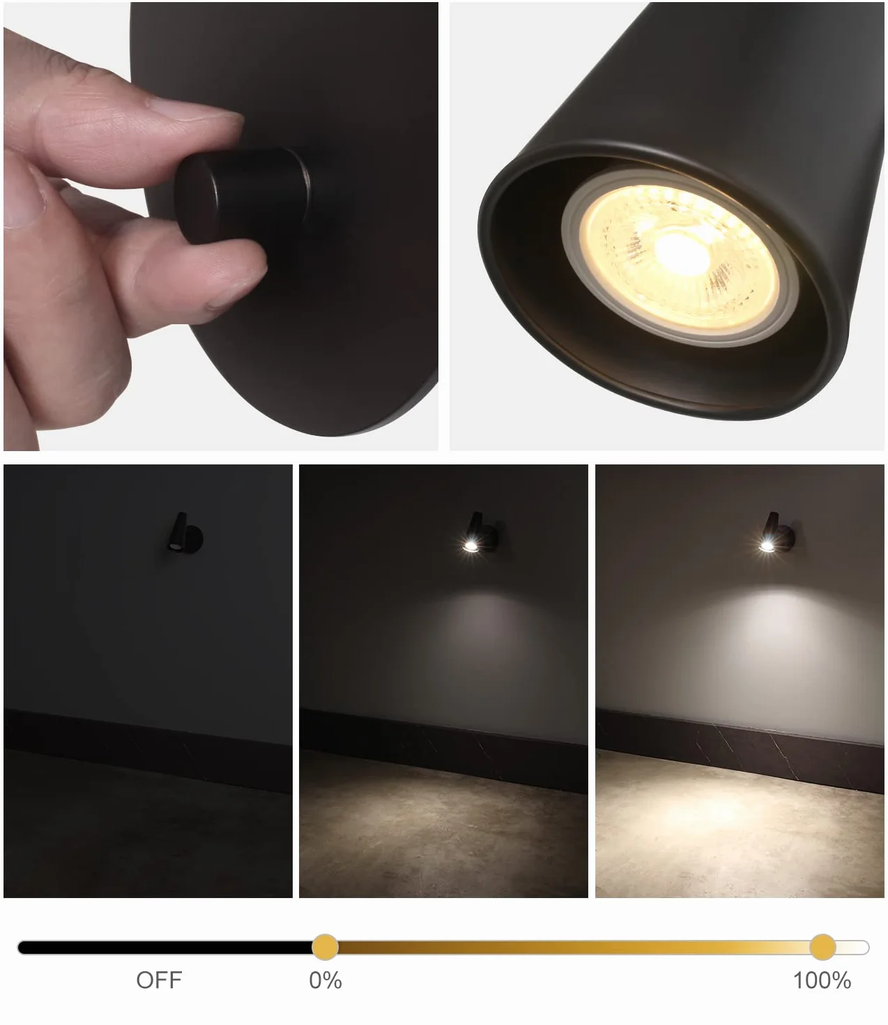 DAWALIGHT Reflektor ścienny z przełącznikiem LED 5W 3000K ciepła biel, ściemnialna GU10, prosta lampa ścienna, regulowane oświetlenie do salonu, sypialni, korytarza, hotelu, aluminium, czarny